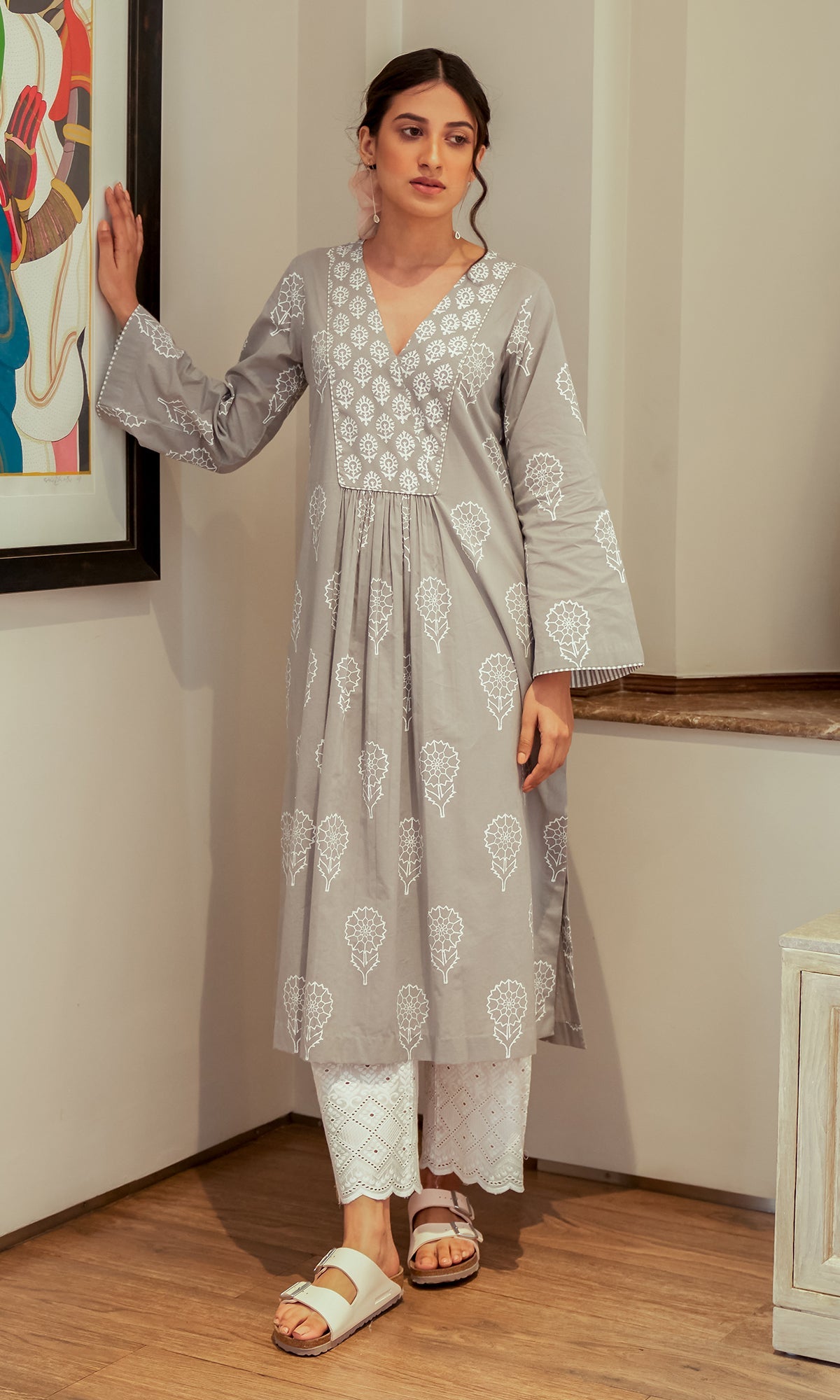 DAISY 2 GREY FLORAL PRINTED KURTA WITH PALAZZO - SET OF 2