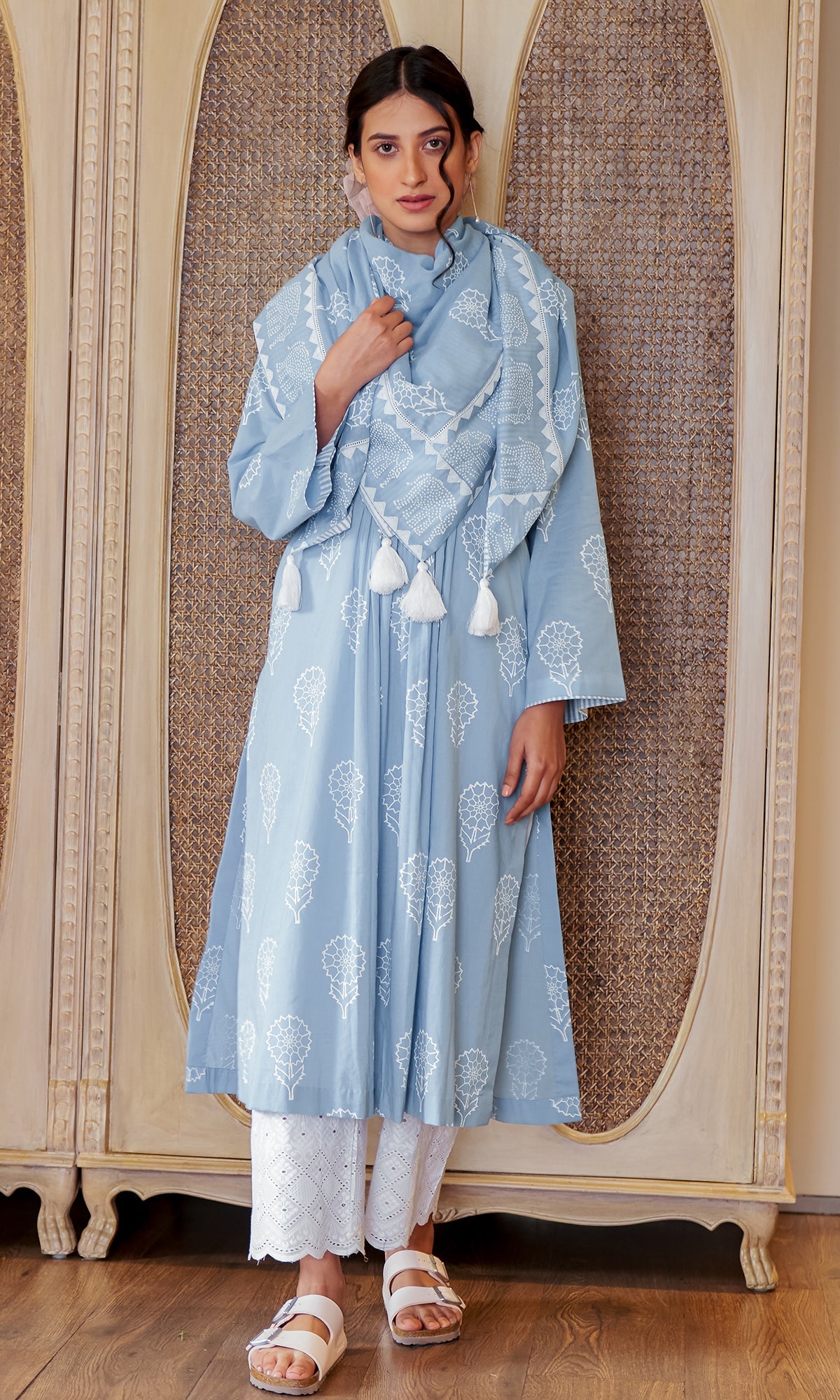 DAISY 2 POWDER BLUE FLORAL PRINTED KURTA WITH PALAZZO AND SCARF- SET OF 3