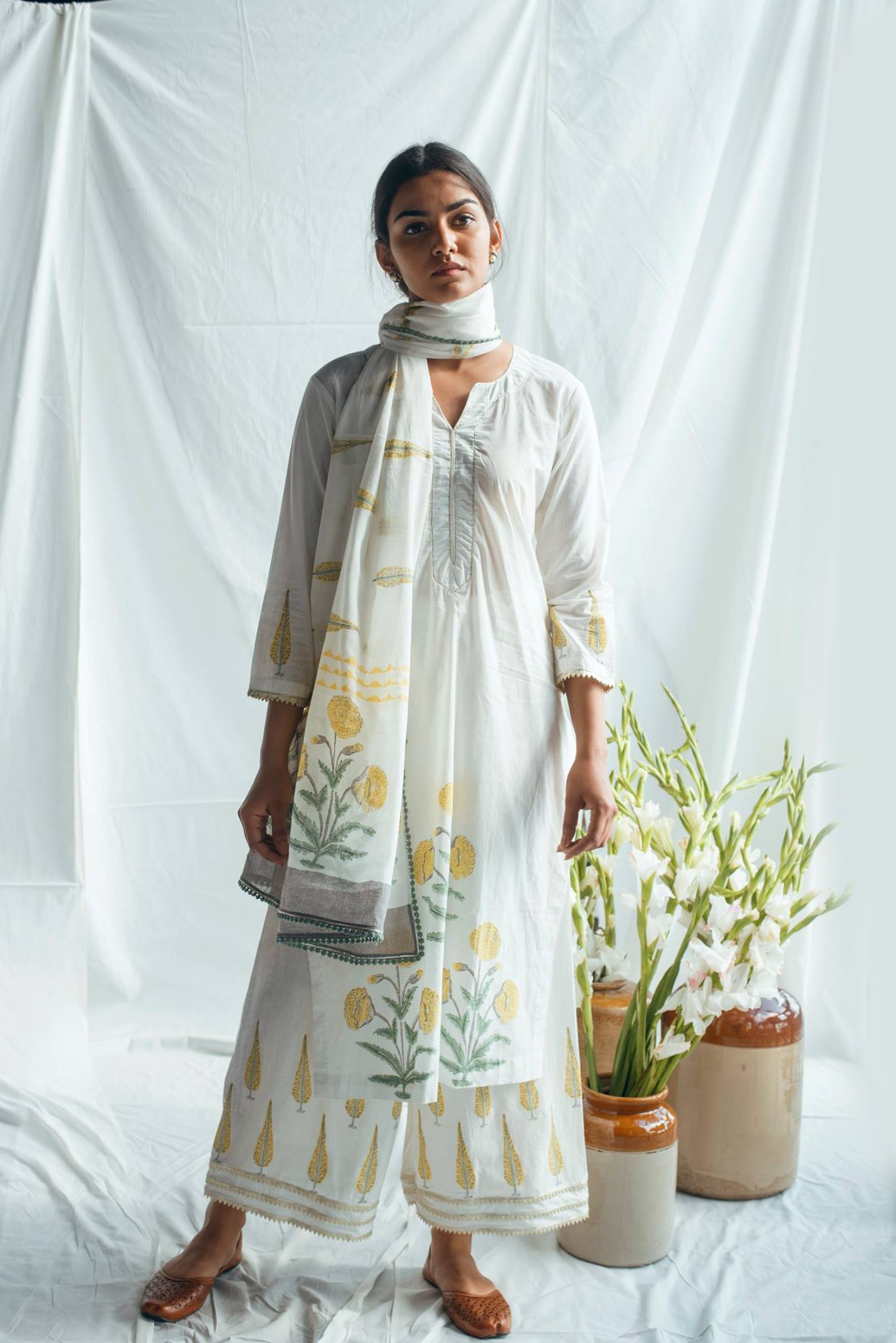 Ridhi Suri Bahameen Yellow Mughal Print Straight Set of 3