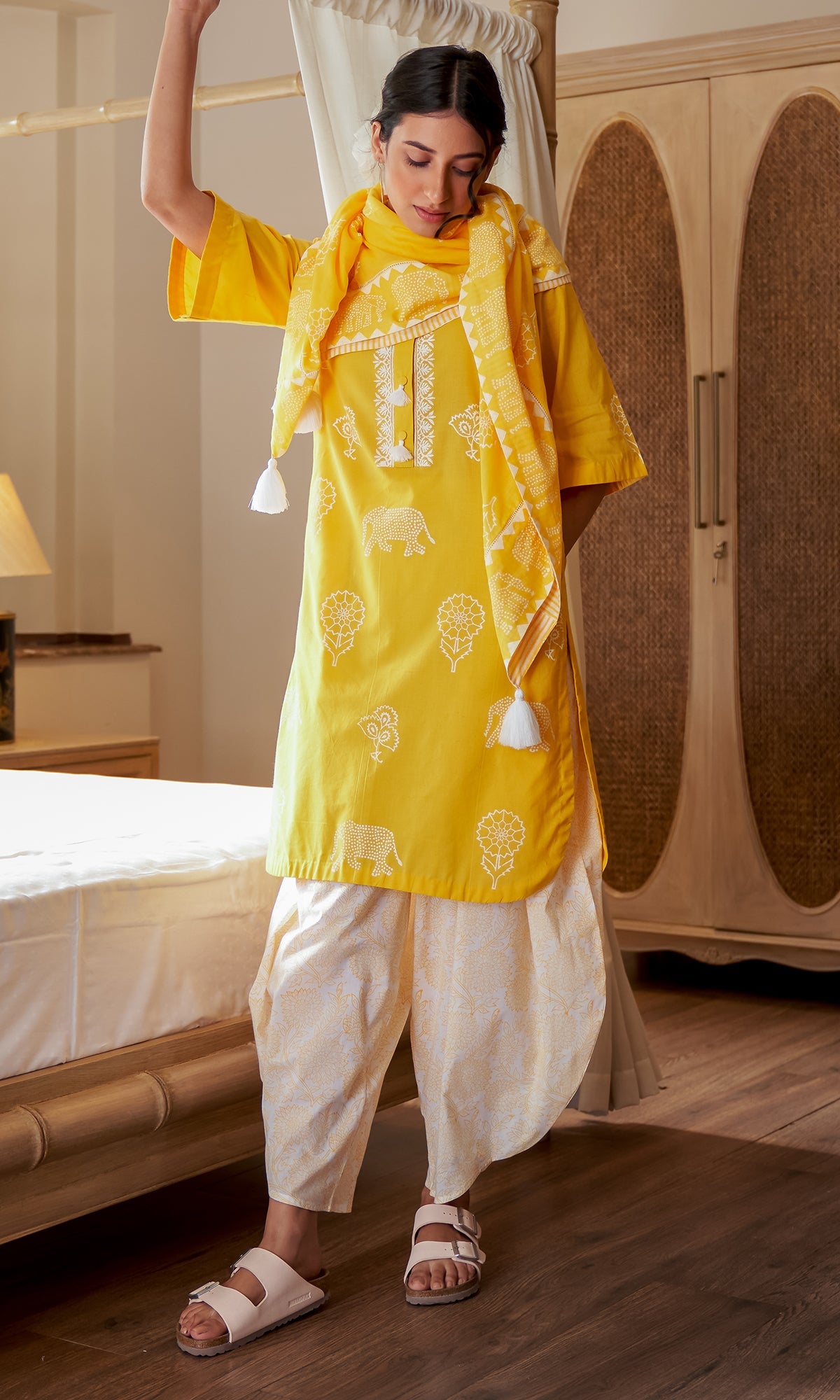 DAISY 2 MUSTARD FLORAL PRINTED KURTA WITH DHOTI SALWAR & SCARF - SET OF 3