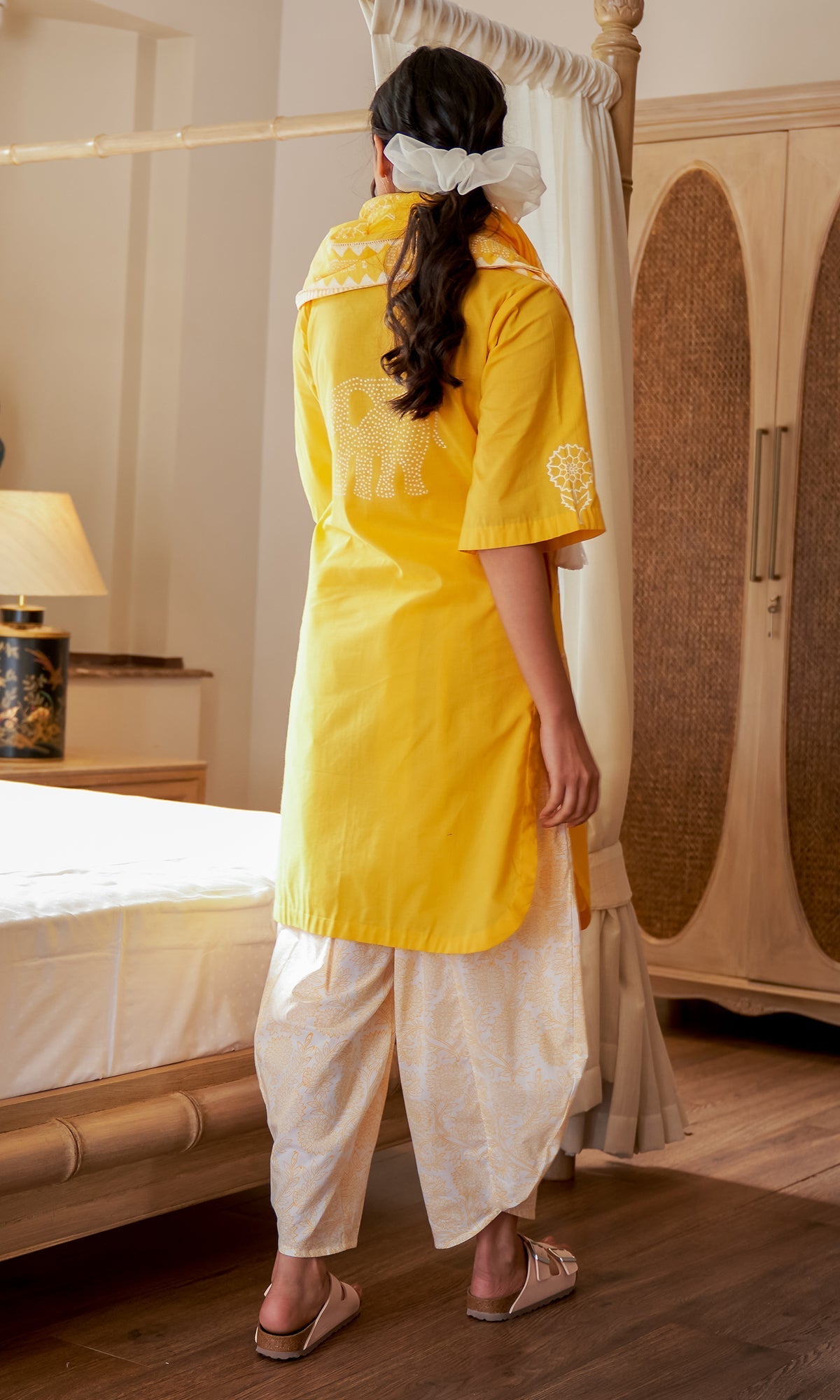 DAISY 2 MUSTARD FLORAL PRINTED KURTA WITH DHOTI SALWAR  - SET OF 2