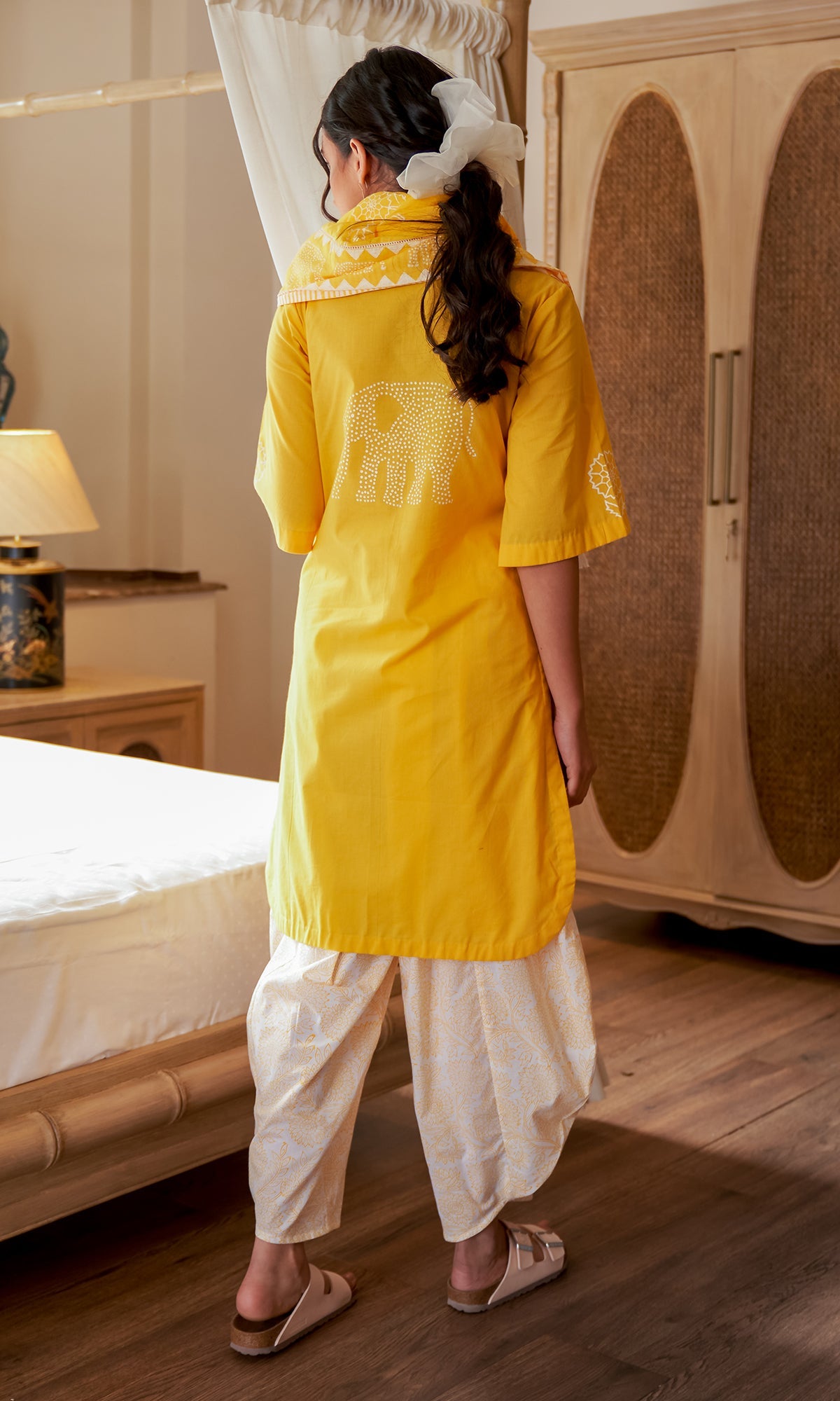 DAISY 2 MUSTARD FLORAL PRINTED KURTA WITH DHOTI SALWAR & SCARF - SET OF 3