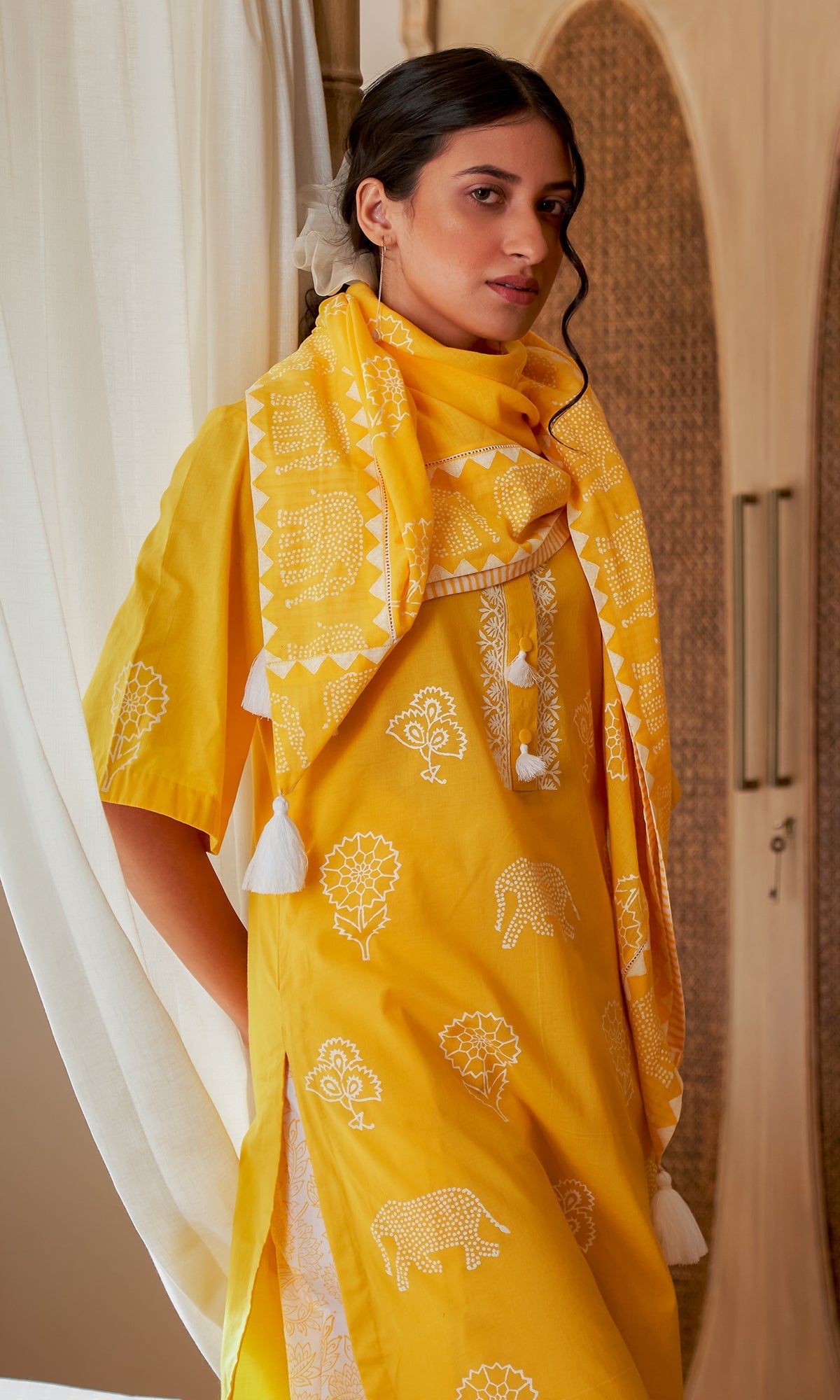 DAISY 2 MUSTARD FLORAL PRINTED KURTA WITH DHOTI SALWAR & SCARF - SET OF 3