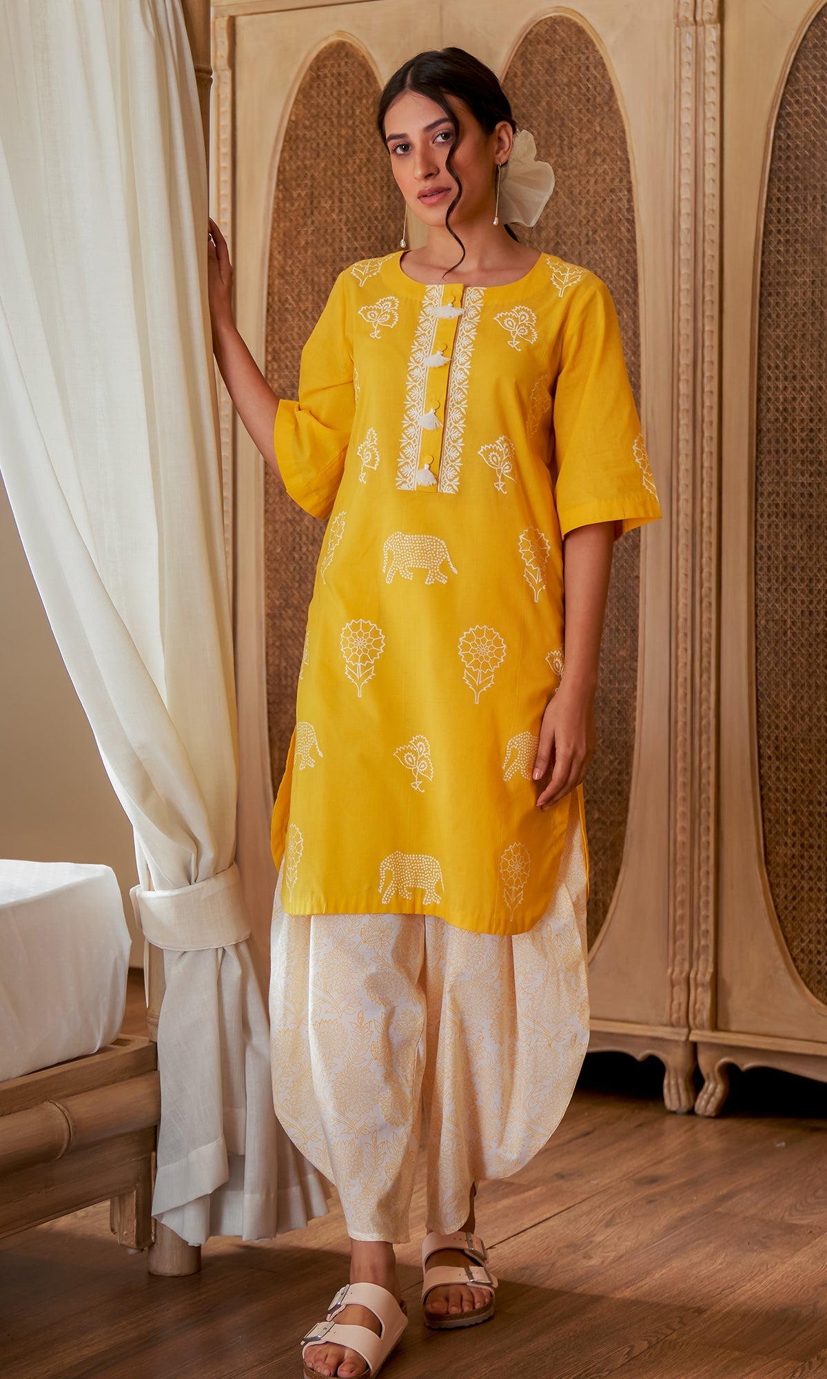 DAISY 2 MUSTARD FLORAL PRINTED KURTA WITH DHOTI SALWAR  - SET OF 2
