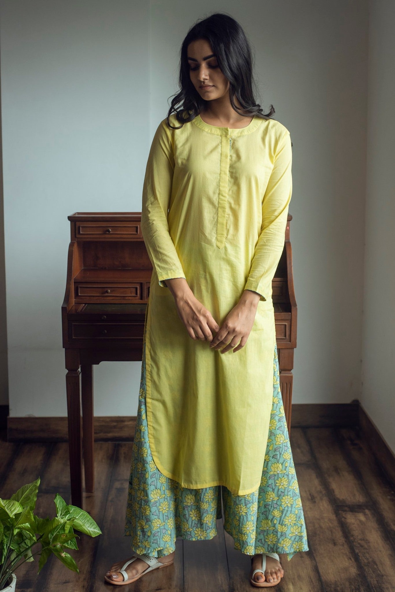 Ridhi Suri Serenity Solid Kurta with Asymmetric Palazzo - Yellow