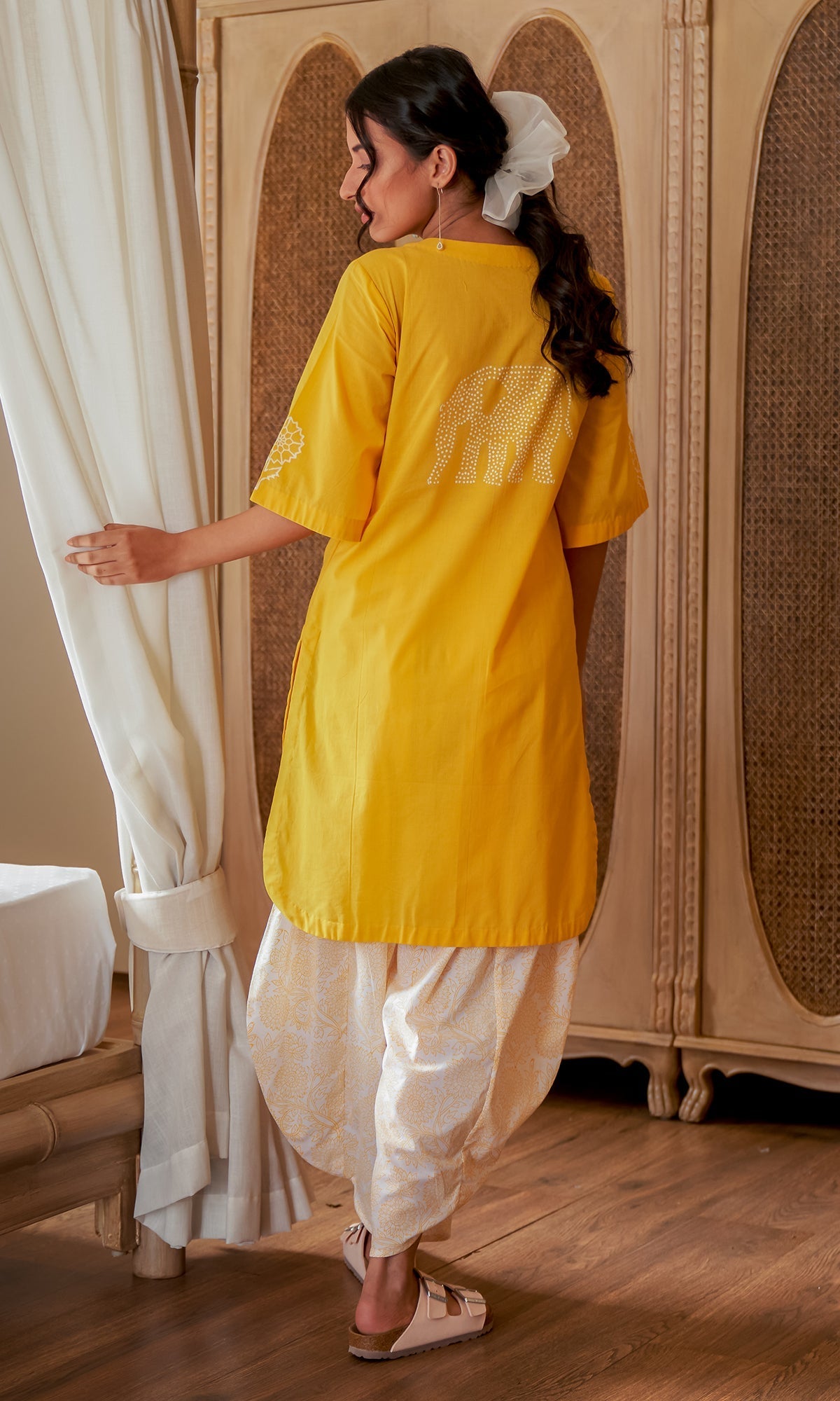DAISY 2 MUSTARD FLORAL PRINTED KURTA WITH DHOTI SALWAR  - SET OF 2