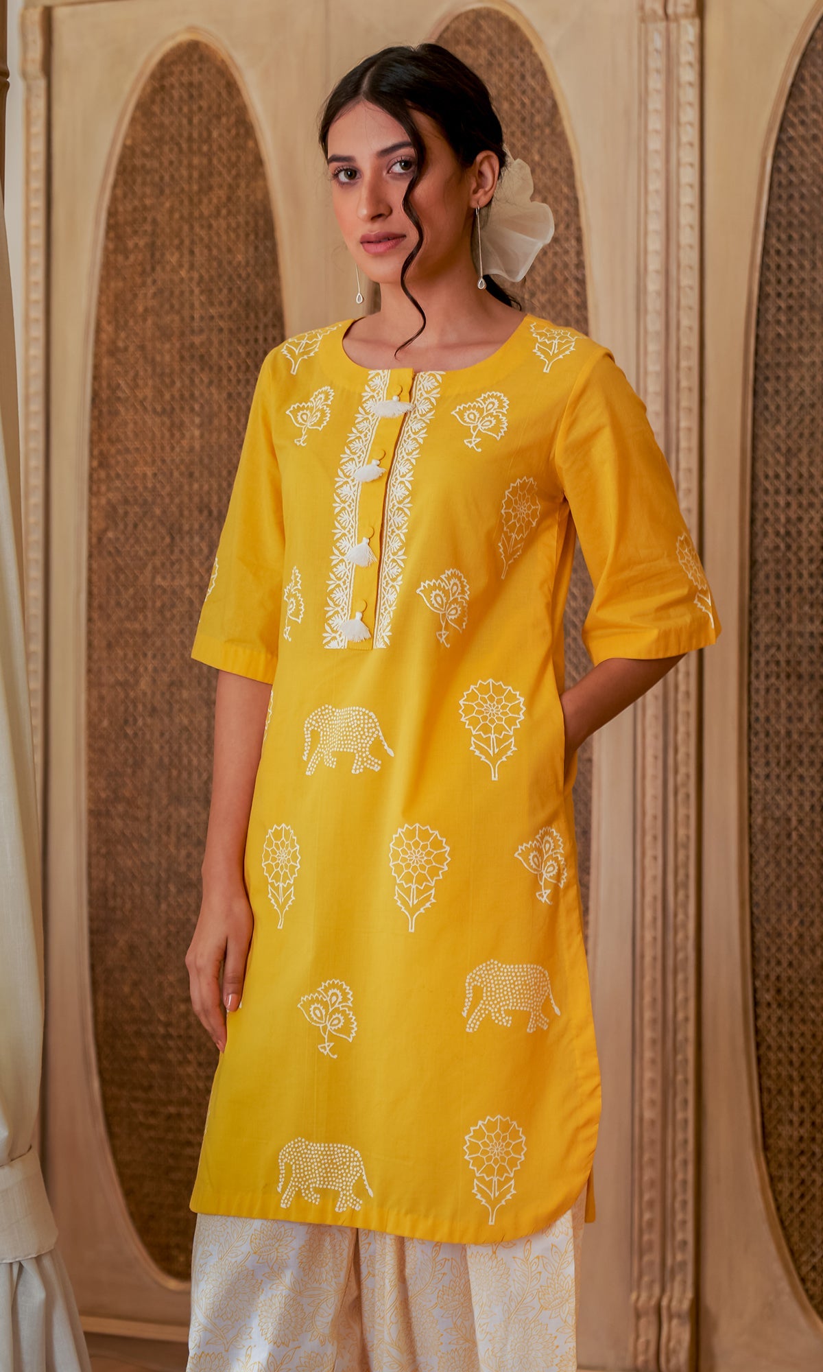 DAISY 2 MUSTARD FLORAL PRINTED KURTA WITH DHOTI SALWAR  - SET OF 2