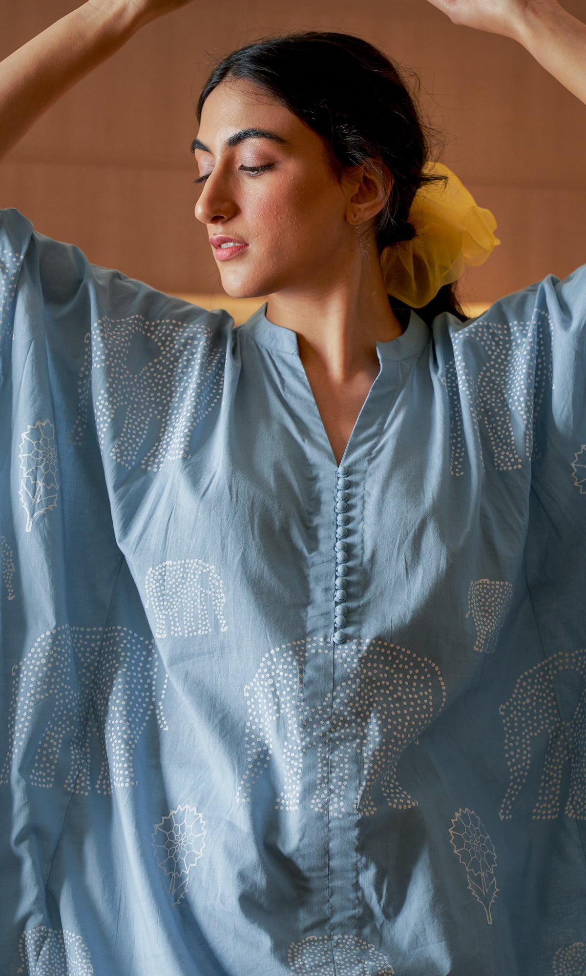 DAISY 2 ELEPHANT POWDER BLUE PRINT KAFTAN WITH SCHIFFLI PALAZZO  - SET OF 2