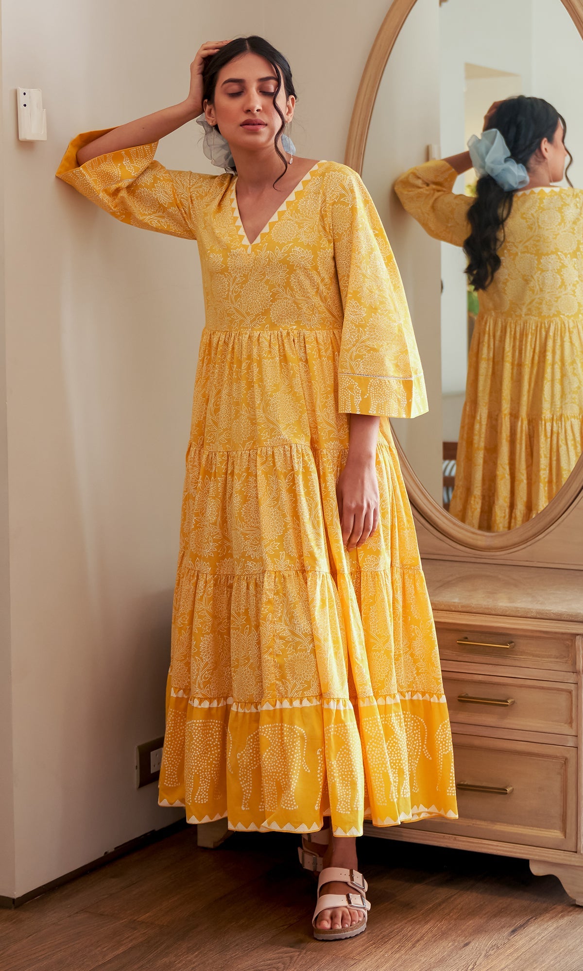 DAISY 2 ELEPHANT PRINT MUSTARD YELLOW TIERED DRESS
