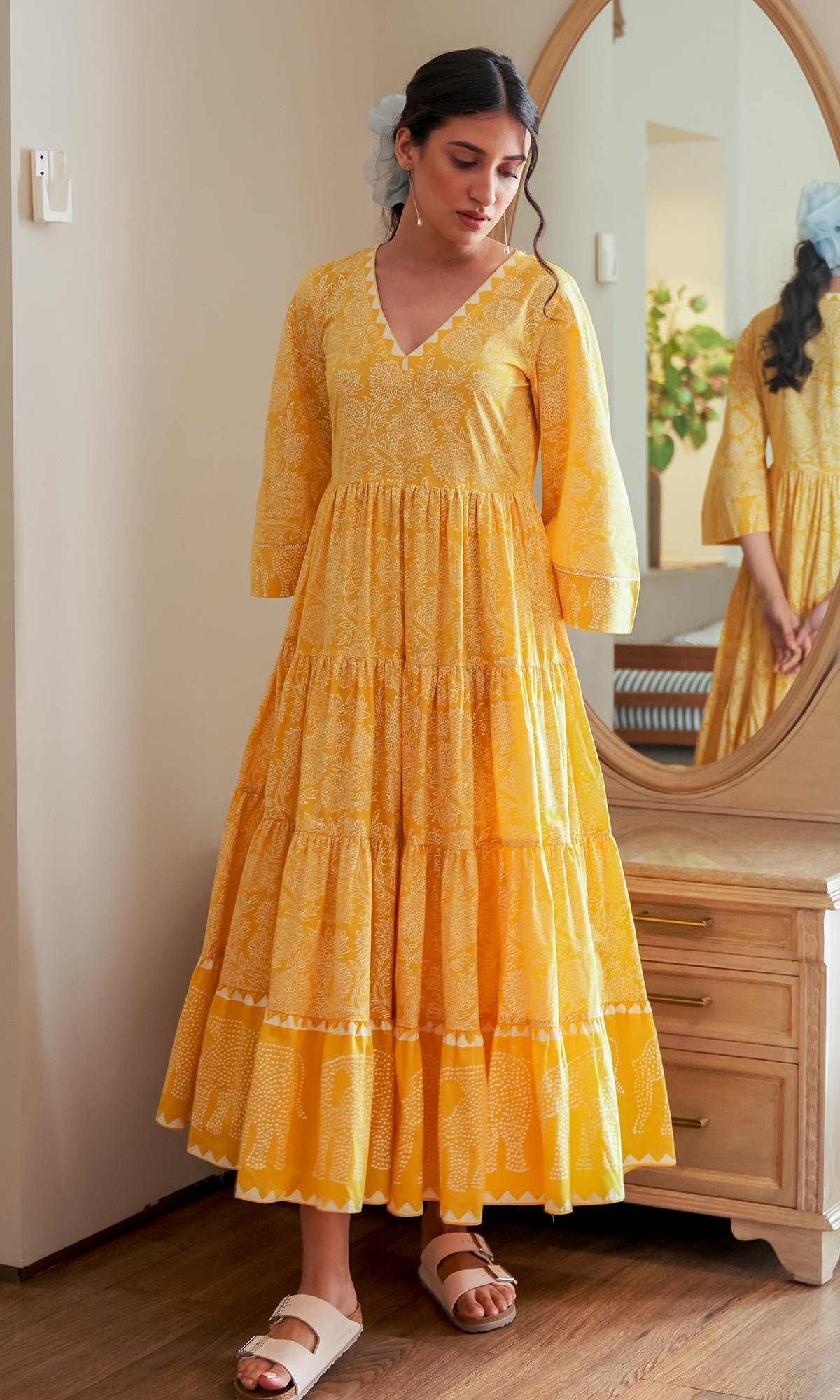 DAISY 2 ELEPHANT PRINT MUSTARD YELLOW TIERED DRESS