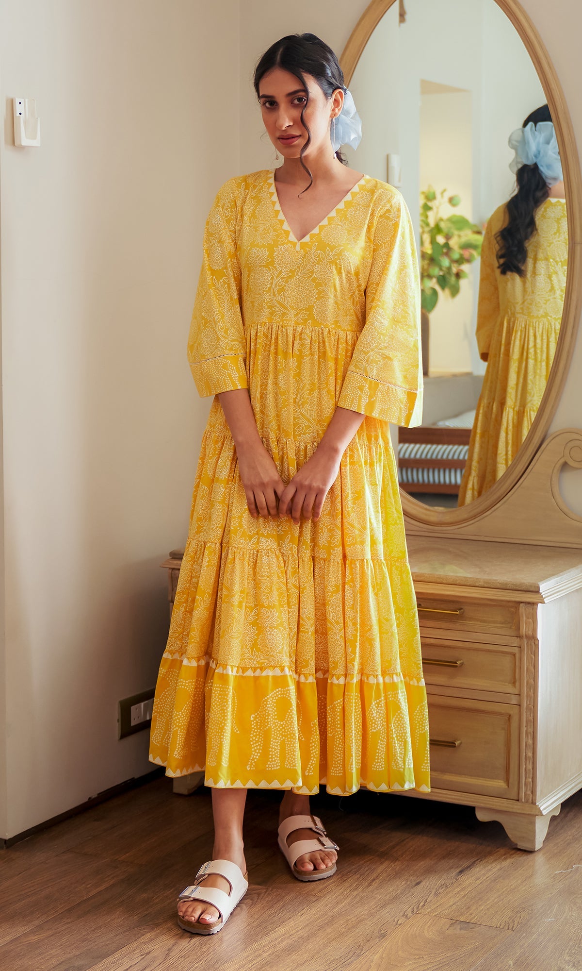 DAISY 2 ELEPHANT PRINT MUSTARD YELLOW TIERED DRESS