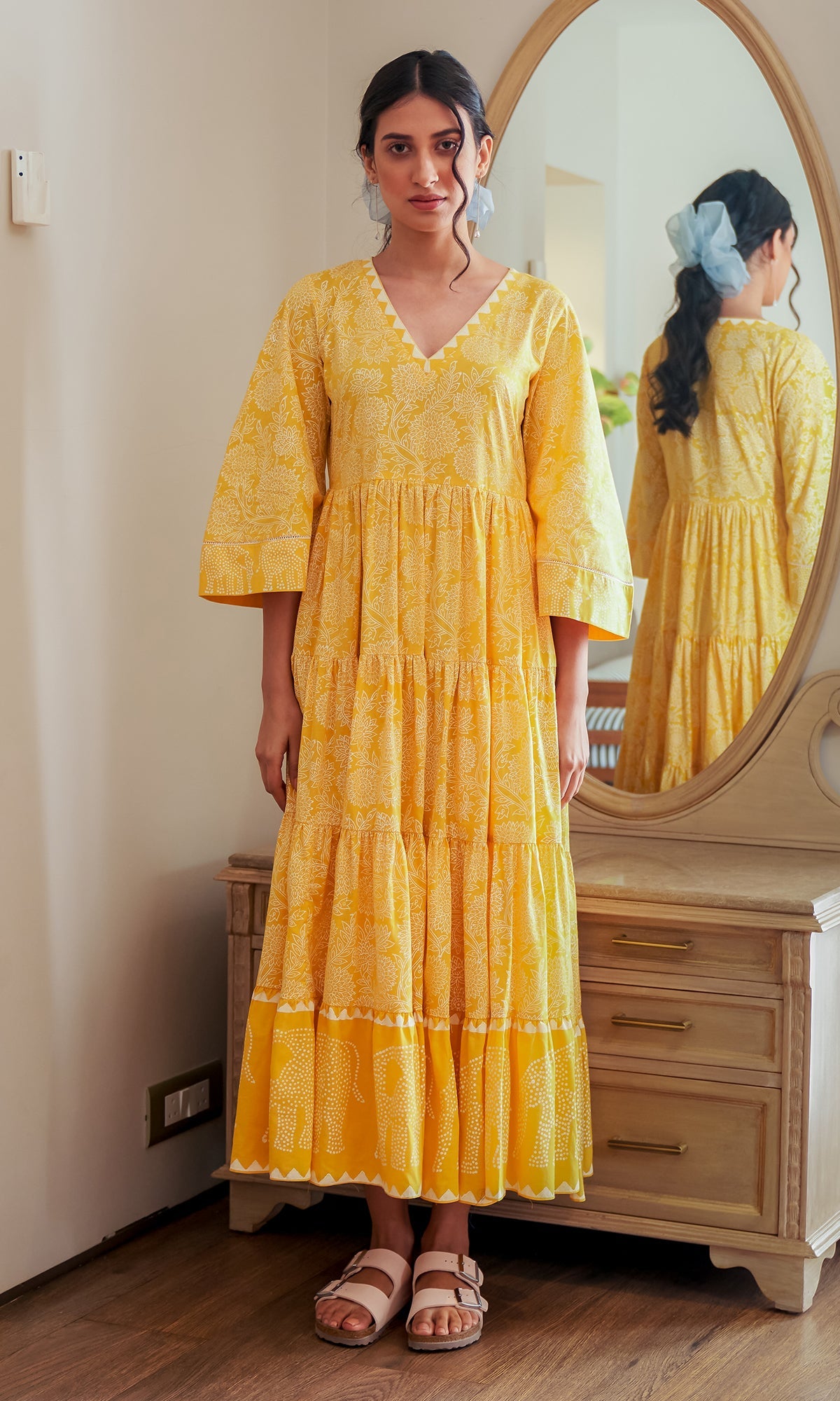 DAISY 2 ELEPHANT PRINT MUSTARD YELLOW TIERED DRESS
