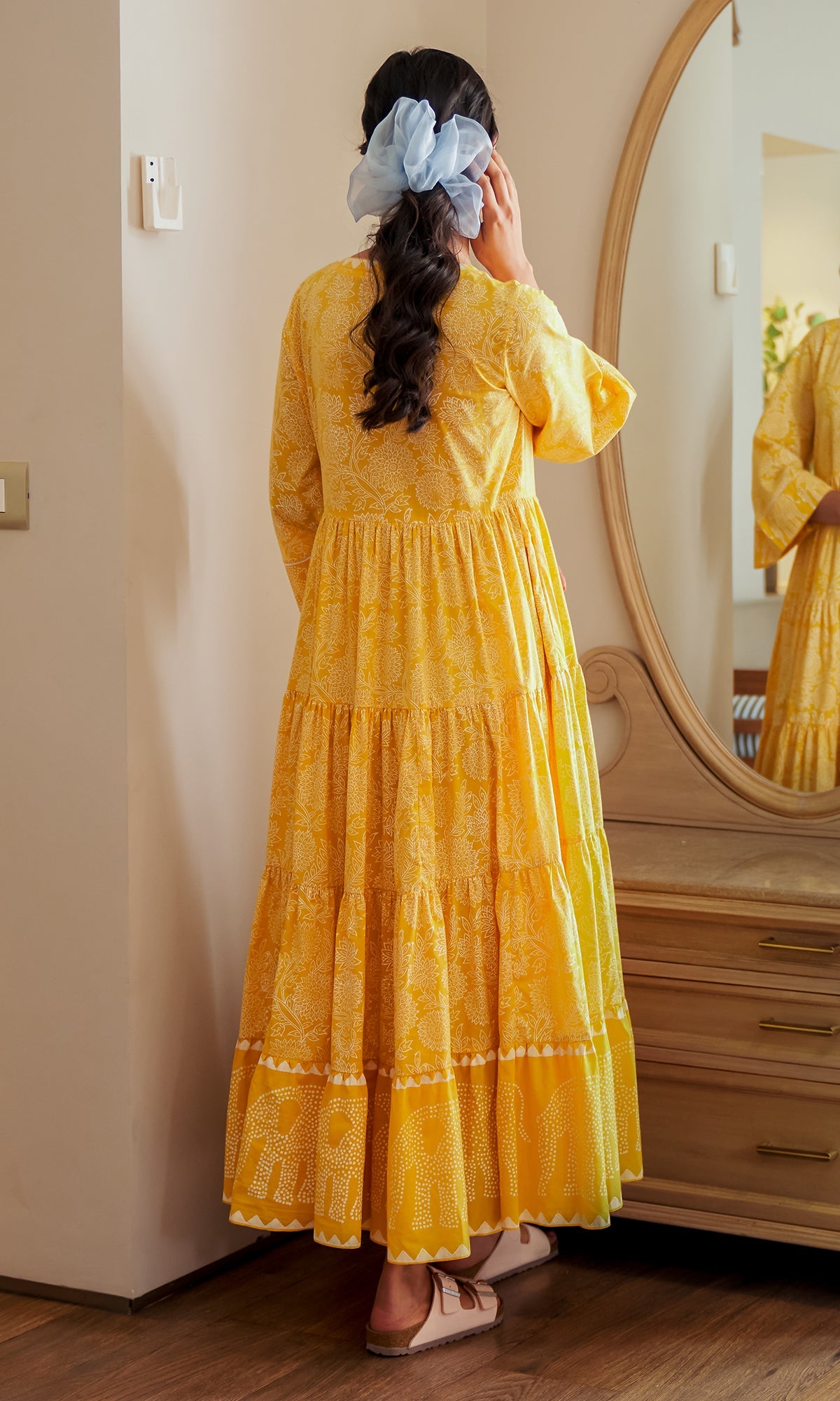 DAISY 2 ELEPHANT PRINT MUSTARD YELLOW TIERED DRESS