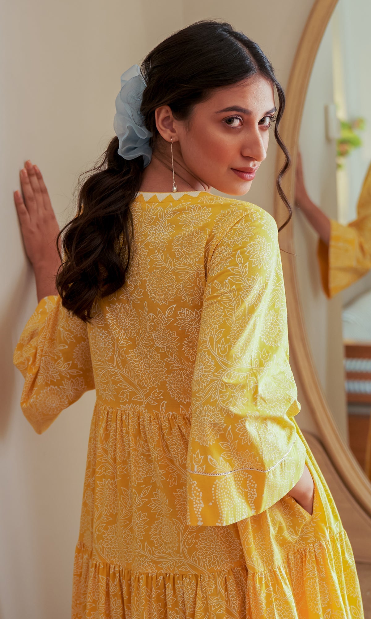 DAISY 2 ELEPHANT PRINT MUSTARD YELLOW TIERED DRESS