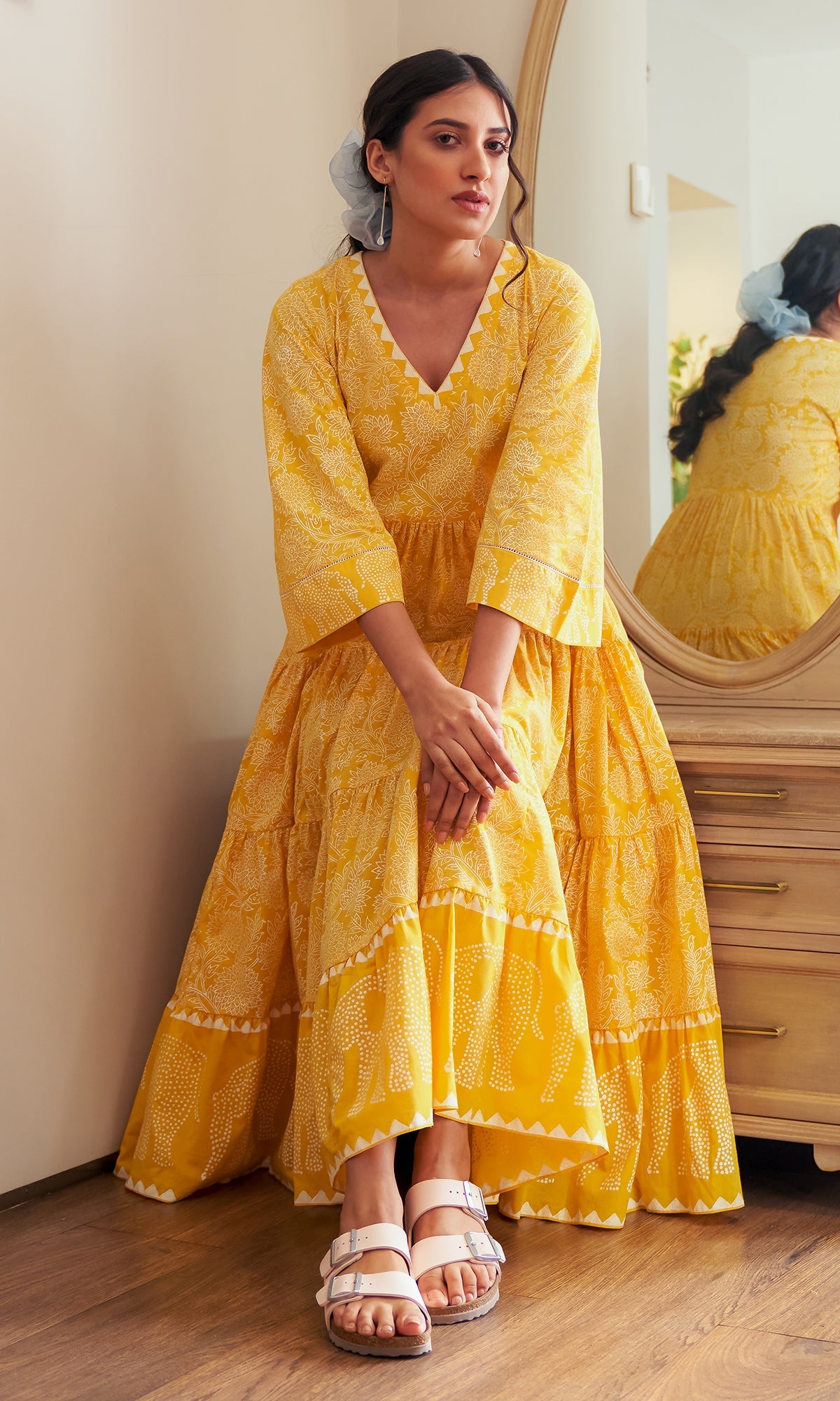 DAISY 2 ELEPHANT PRINT MUSTARD YELLOW TIERED DRESS