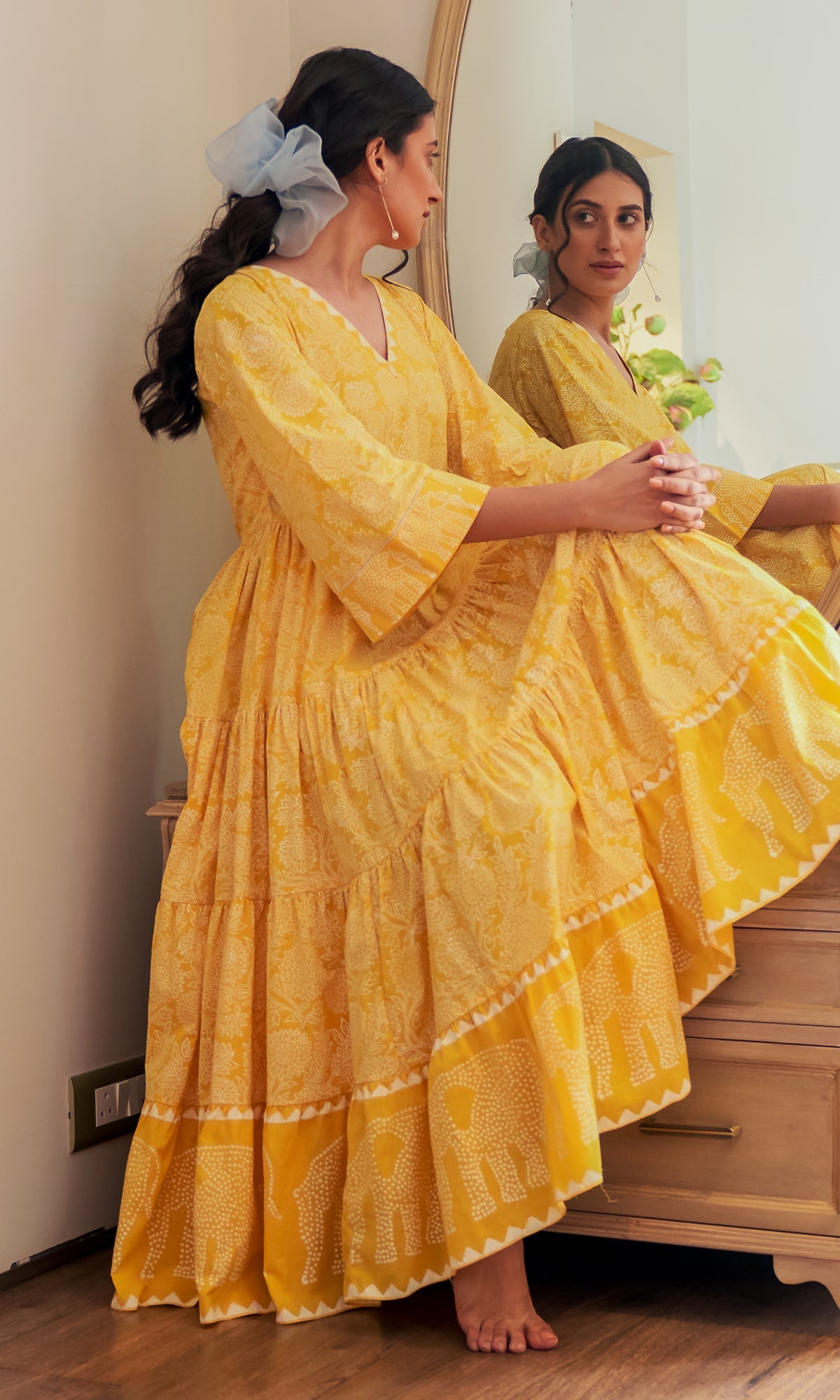 DAISY 2 ELEPHANT PRINT MUSTARD YELLOW TIERED DRESS