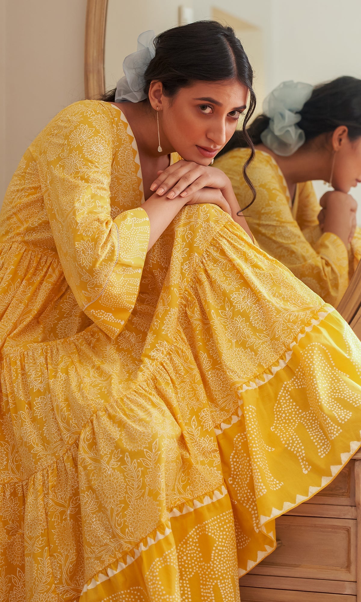 DAISY 2 ELEPHANT PRINT MUSTARD YELLOW TIERED DRESS