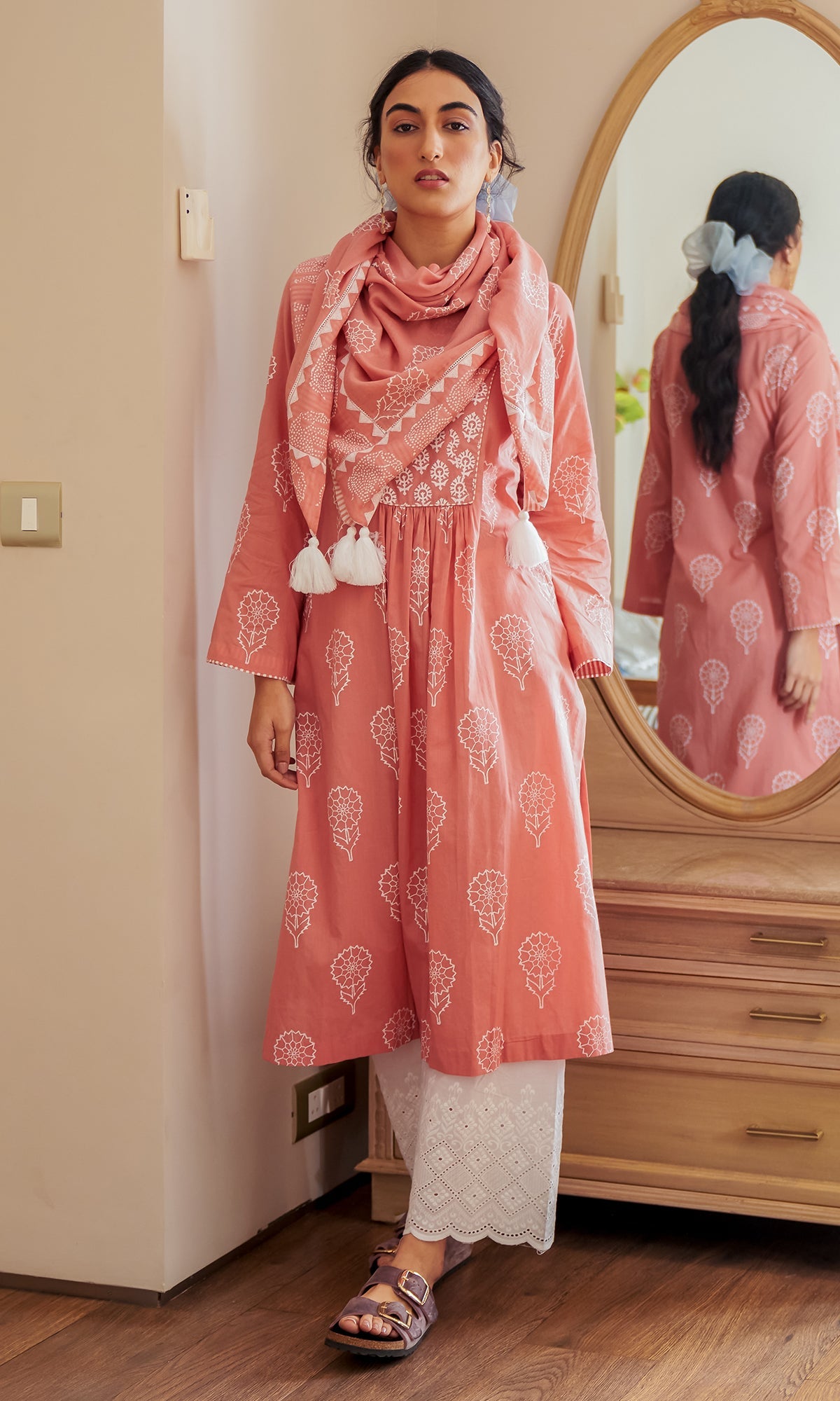 DAISY 2 PINK FLORAL PRINTED KURTA WITH PALAZZO AND SCARF- SET OF 3