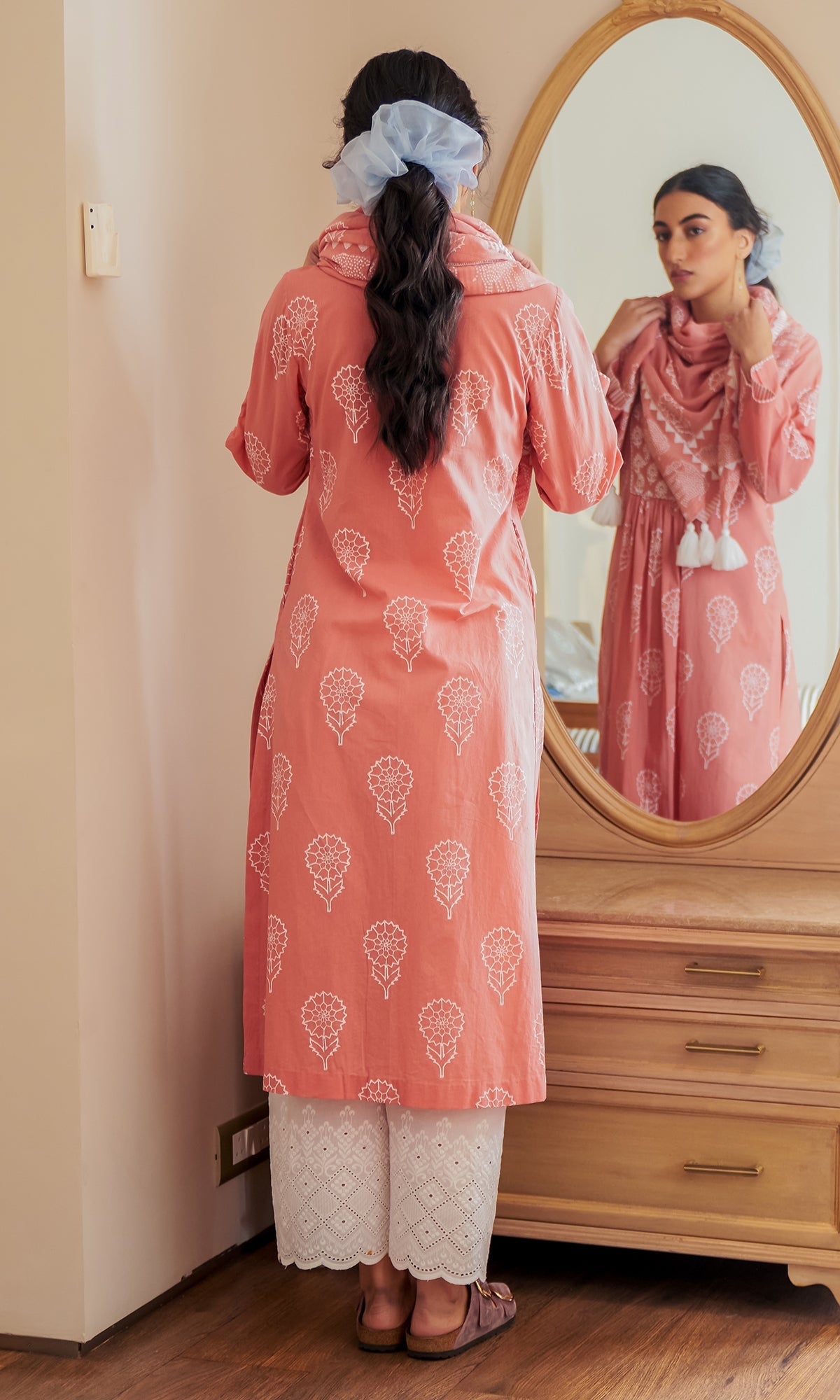 DAISY 2 PINK FLORAL PRINTED KURTA WITH PALAZZO AND SCARF- SET OF 3