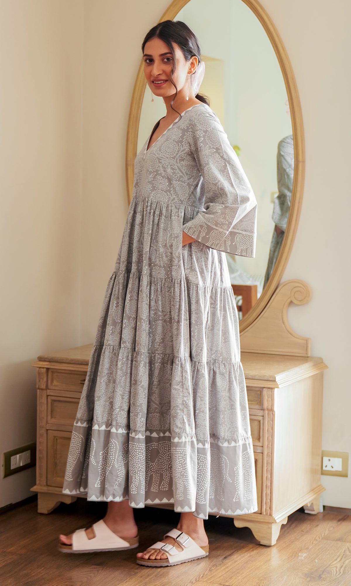 DAISY 2 ELEPHANT PRINT GREY TIERED DRESS