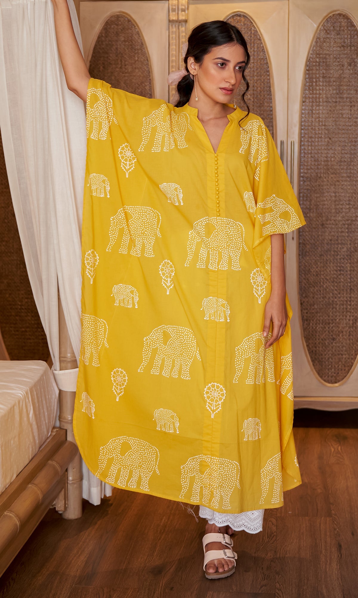 DAISY 2 ELEPHANT MUSTARD YELLOW PRINT KAFTAN WITH SCHIFFLI PALAZZO  - SET OF 2