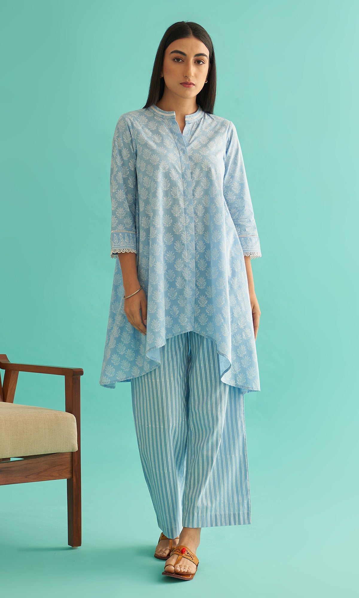 Daisy Vol 3 - Powder Blue Hand Block Printed Asymmetrical Shirt Set of 2