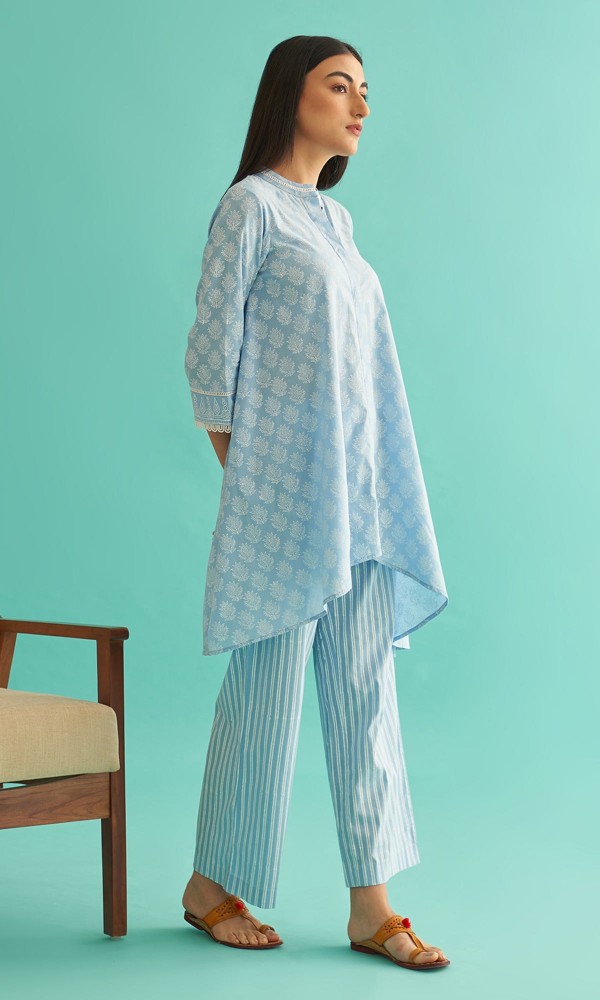 Daisy Vol 3 - Powder Blue Hand Block Printed Asymmetrical Shirt Set of 2