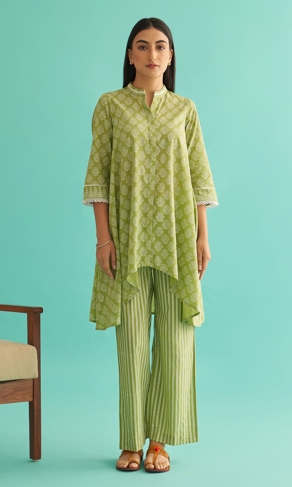 Daisy Vol 3 - Pista Green Hand Block Printed Asymmetrical Shirt Set of 2