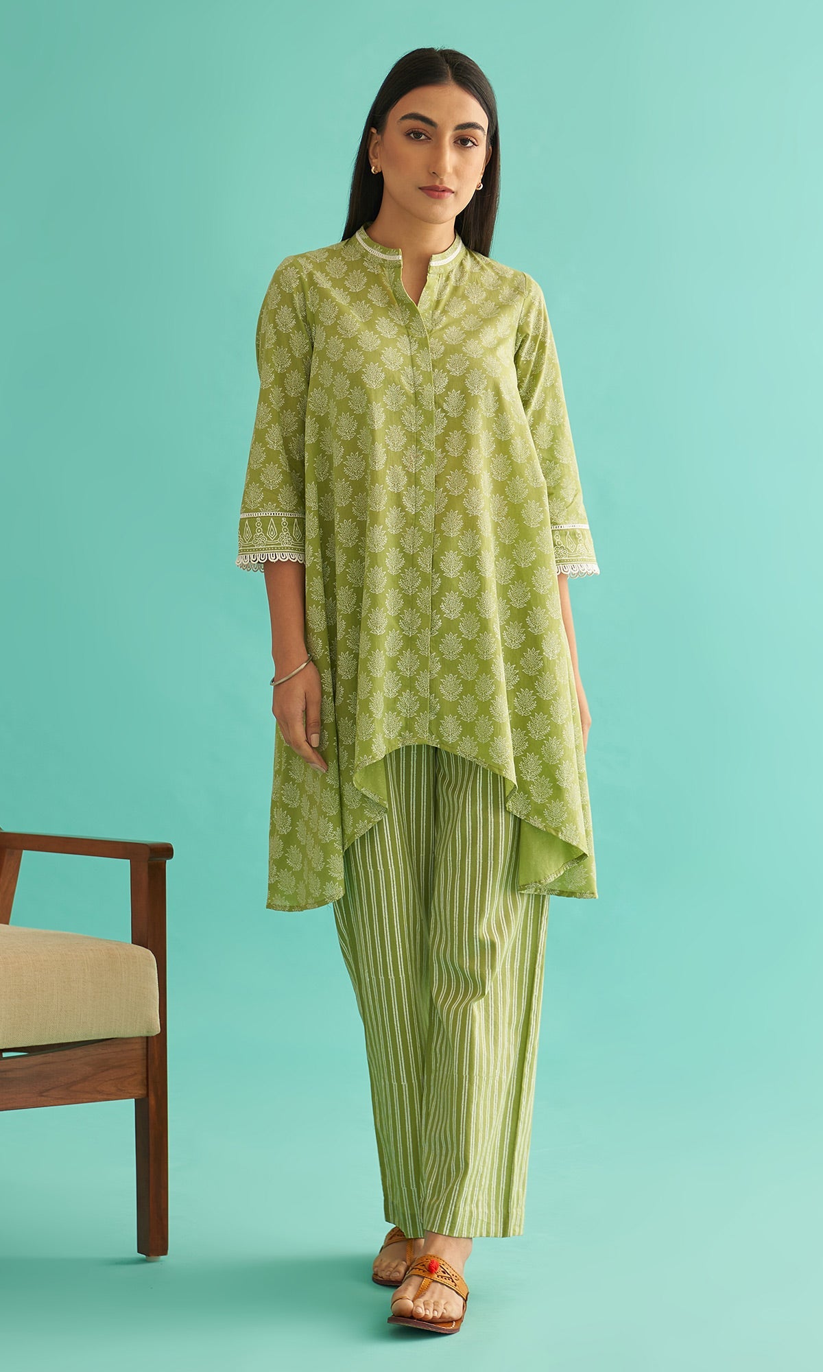 Daisy Vol 3 - Pista Green Hand Block Printed Asymmetrical Shirt Set of 2