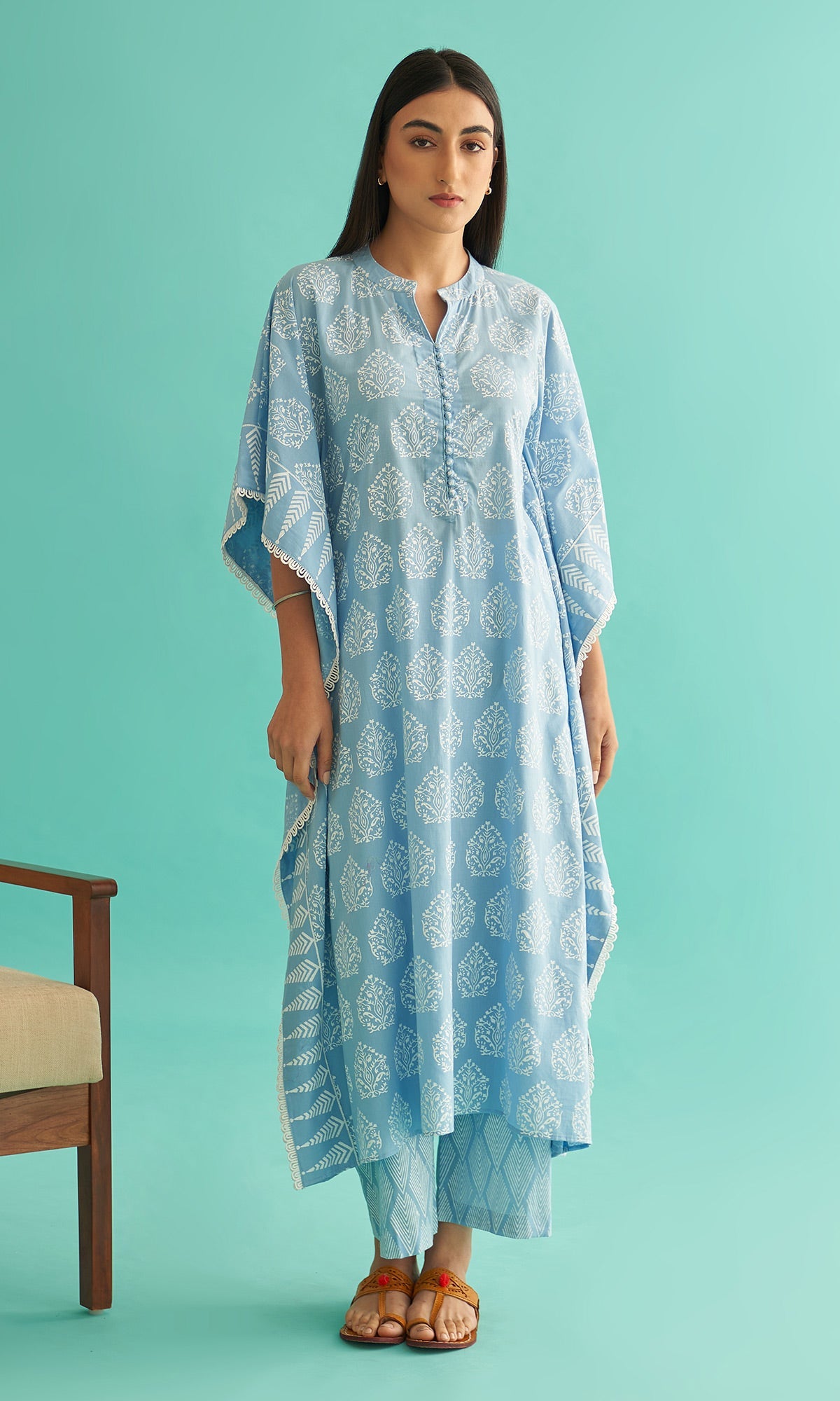 Daisy Vol 3 - Powder Blue Hand Block Printed Kaftan Set of 2