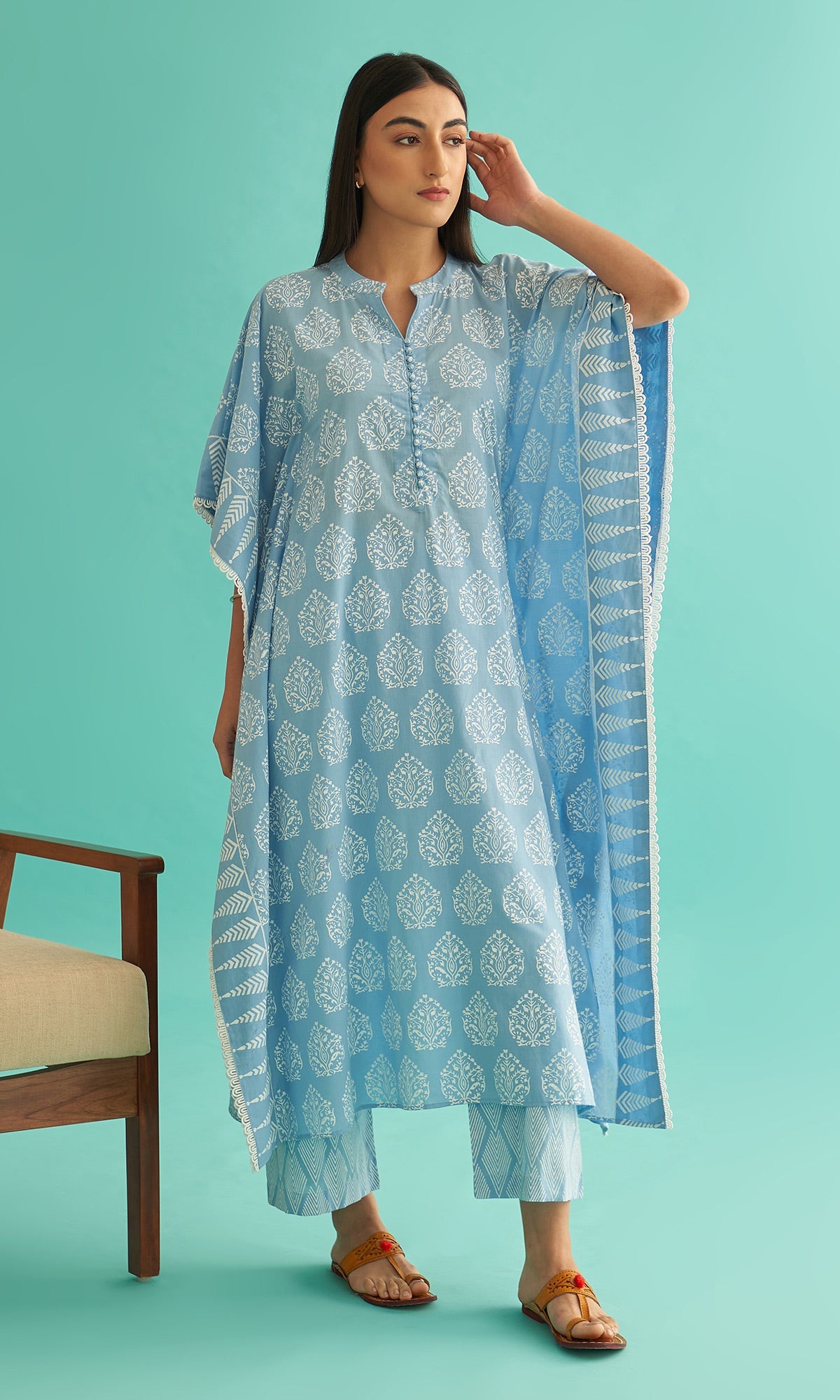 Daisy Vol 3 - Powder Blue Hand Block Printed Kaftan Set of 2