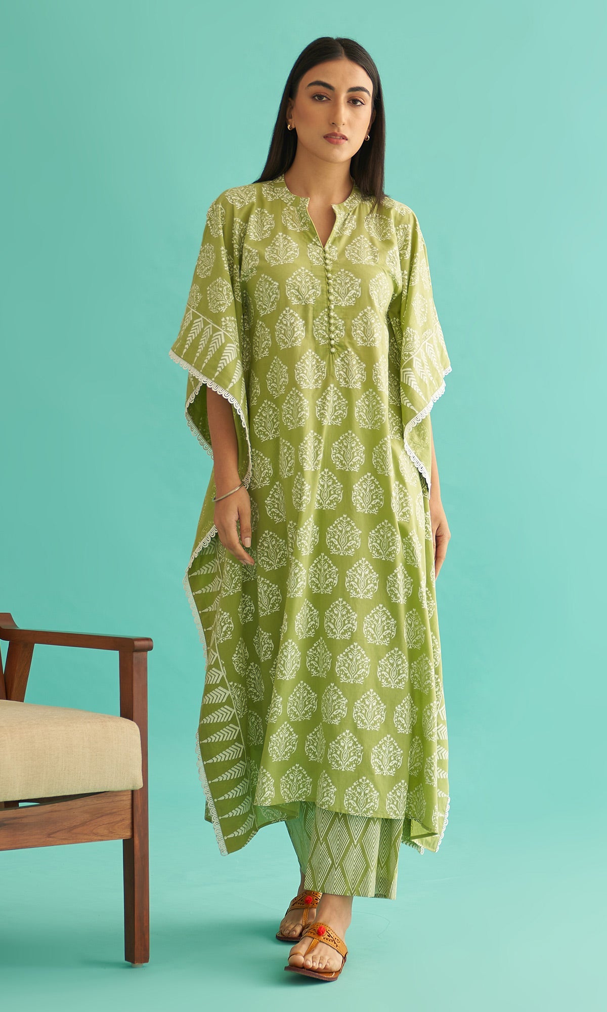 Daisy Vol 3 - Pista Green Hand Block Printed Kaftan Set of 2