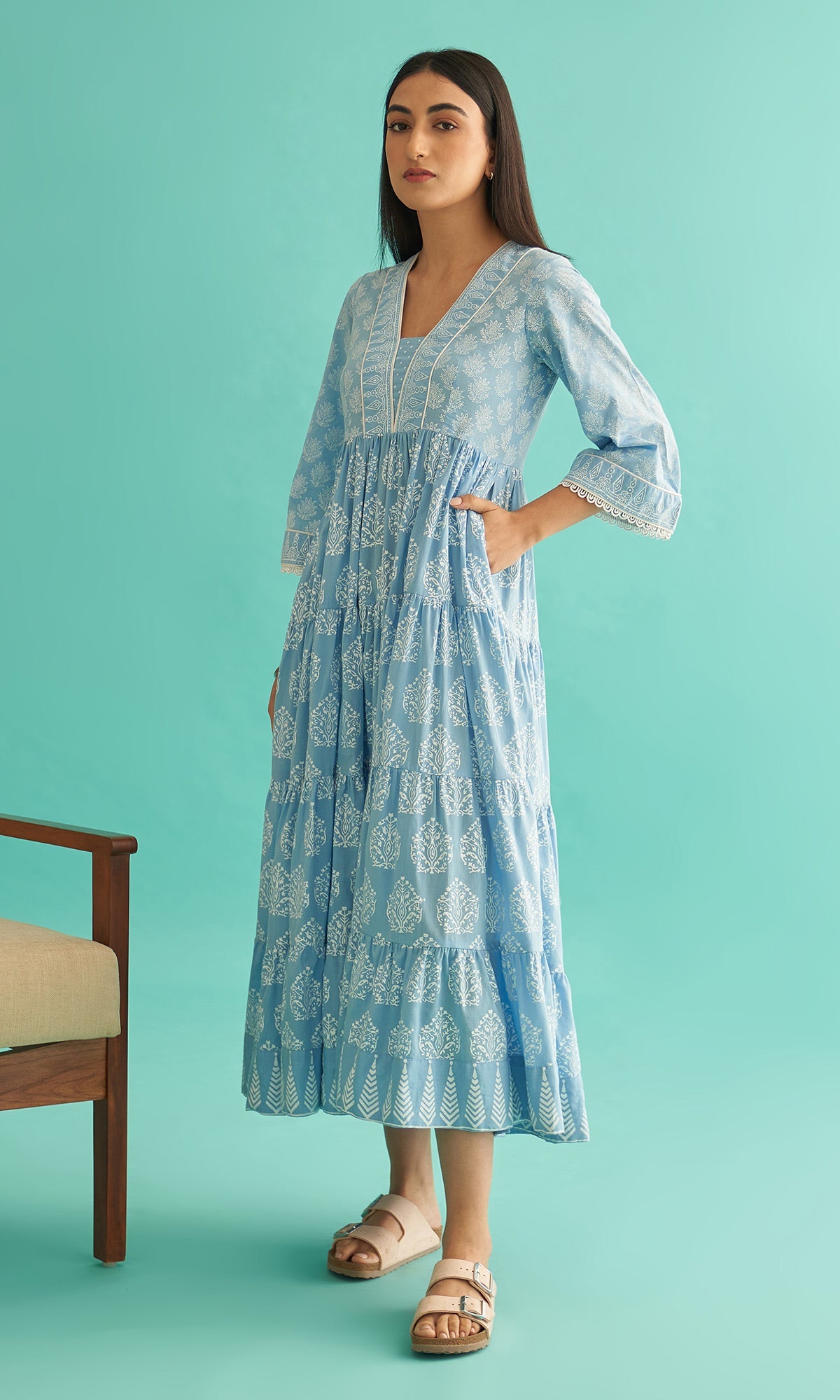 Daisy Vol 3 - Powder Blue Hand Block Printed Tiered Dress