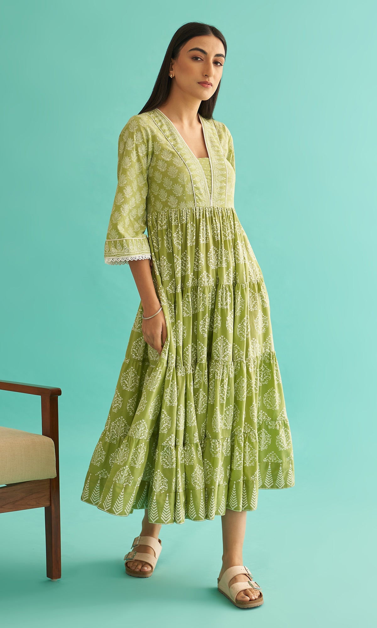 Daisy Vol 3 - Pista Green Hand Block Printed Tiered Dress