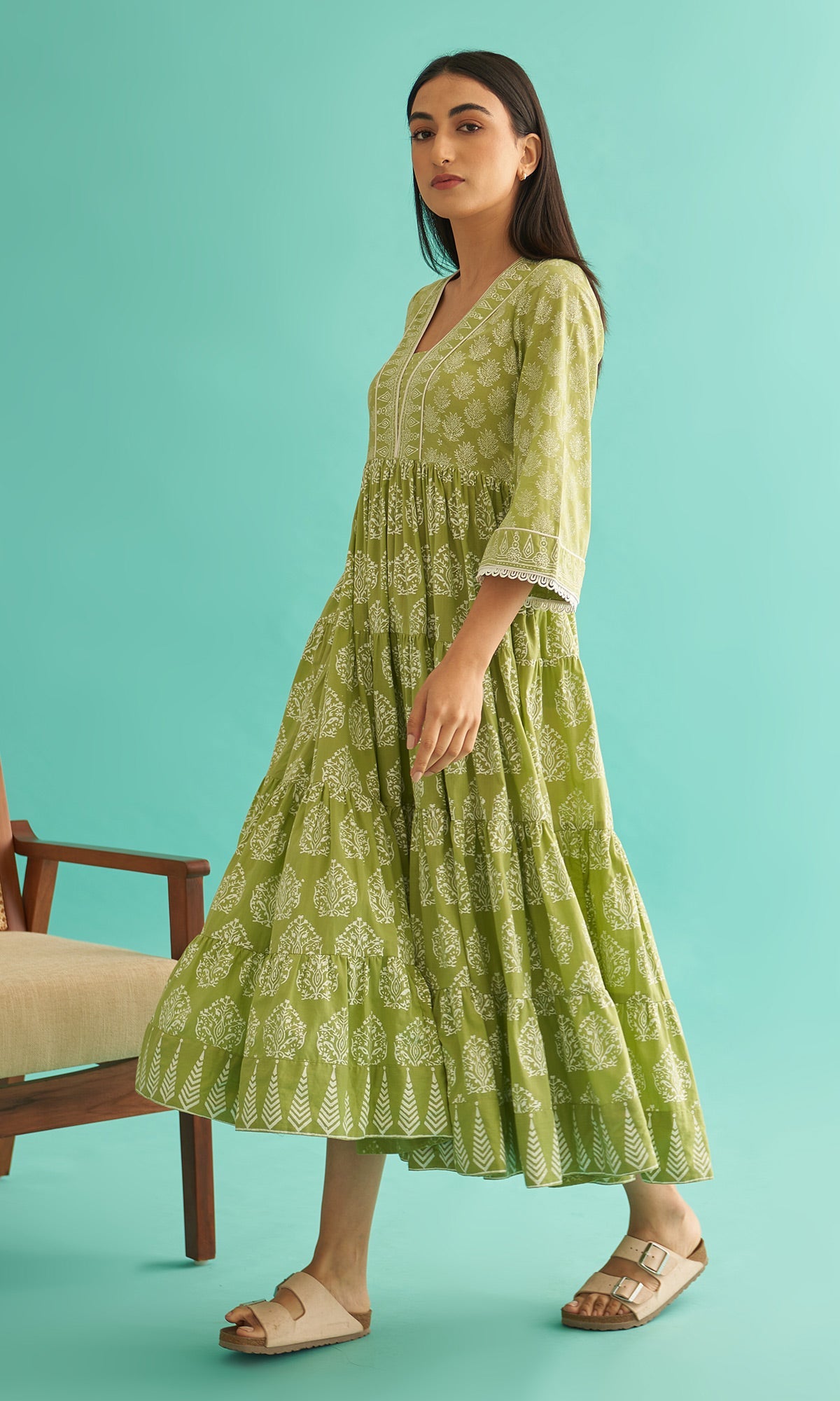 Daisy Vol 3 - Pista Green Hand Block Printed Tiered Dress