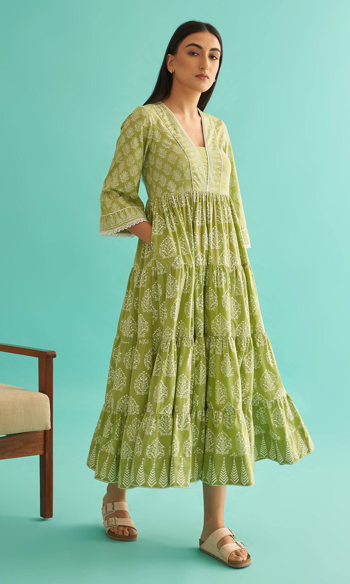 Daisy Vol 3 - Pista Green Hand Block Printed Tiered Dress