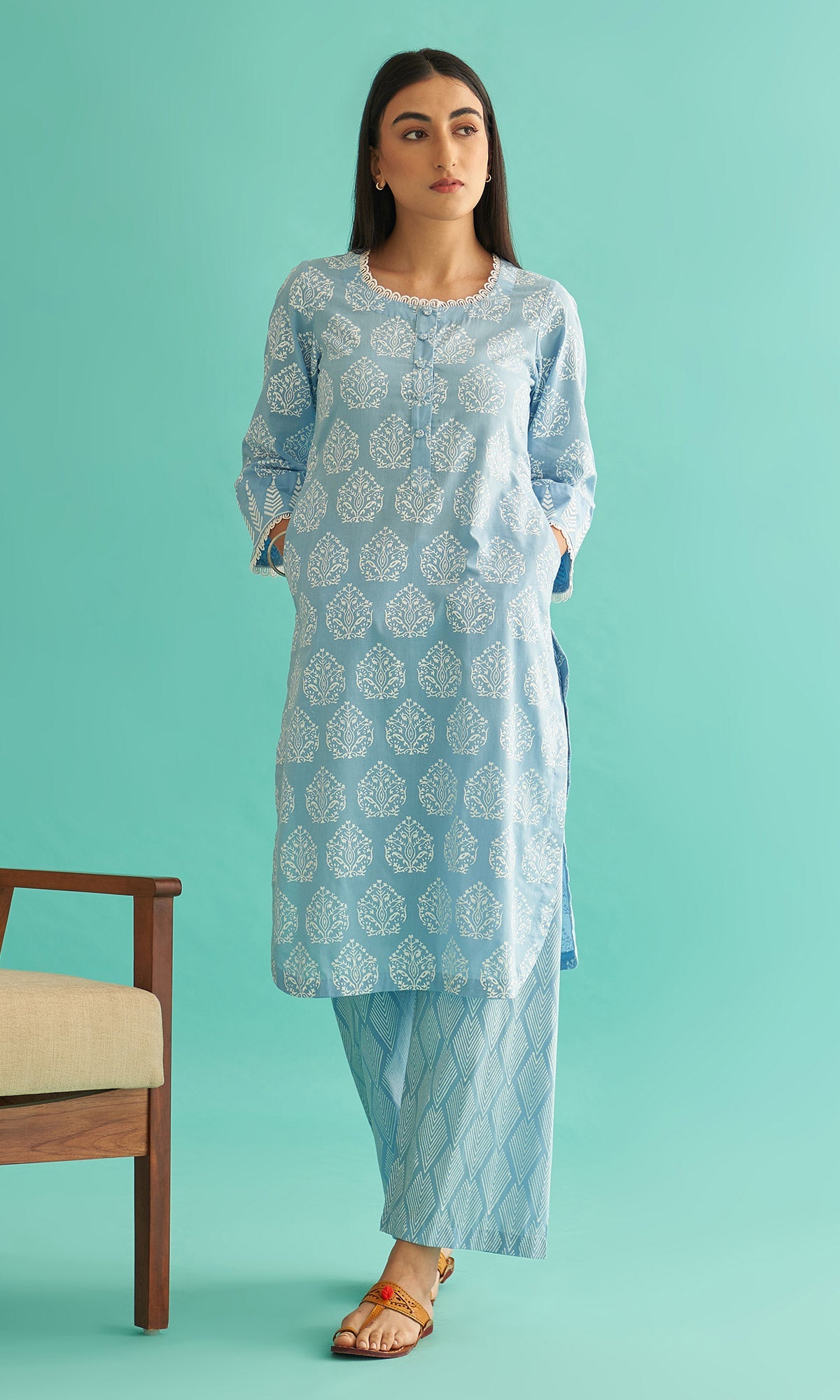 Daisy Vol 3 - Powder Blue Hand Block Printed Straight Kurta Set of 2