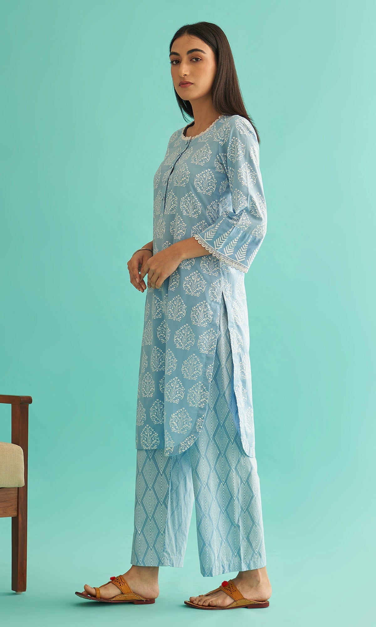 Daisy Vol 3 - Powder Blue Hand Block Printed Straight Kurta Set of 2