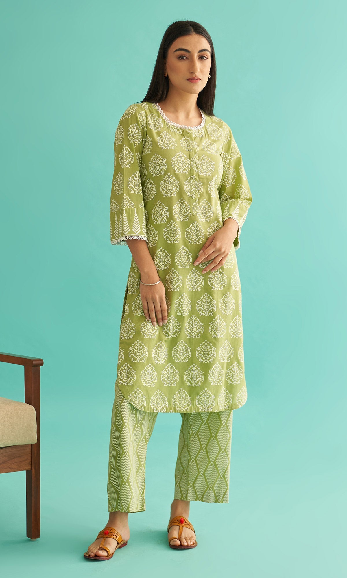 Daisy Vol 3 - Pista Green Hand Block Printed Straight Kurta Set of 2