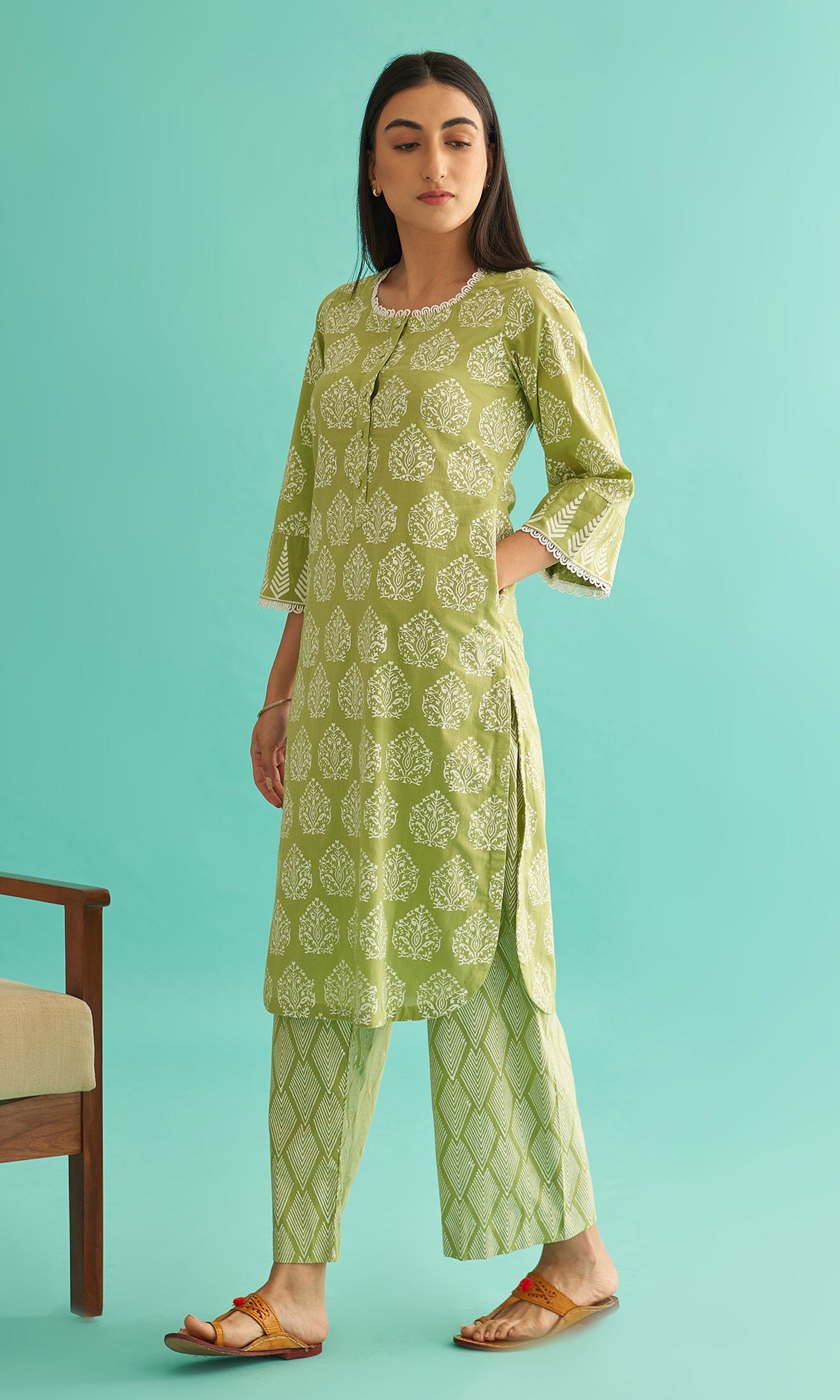 Daisy Vol 3 - Pista Green Hand Block Printed Straight Kurta Set of 2