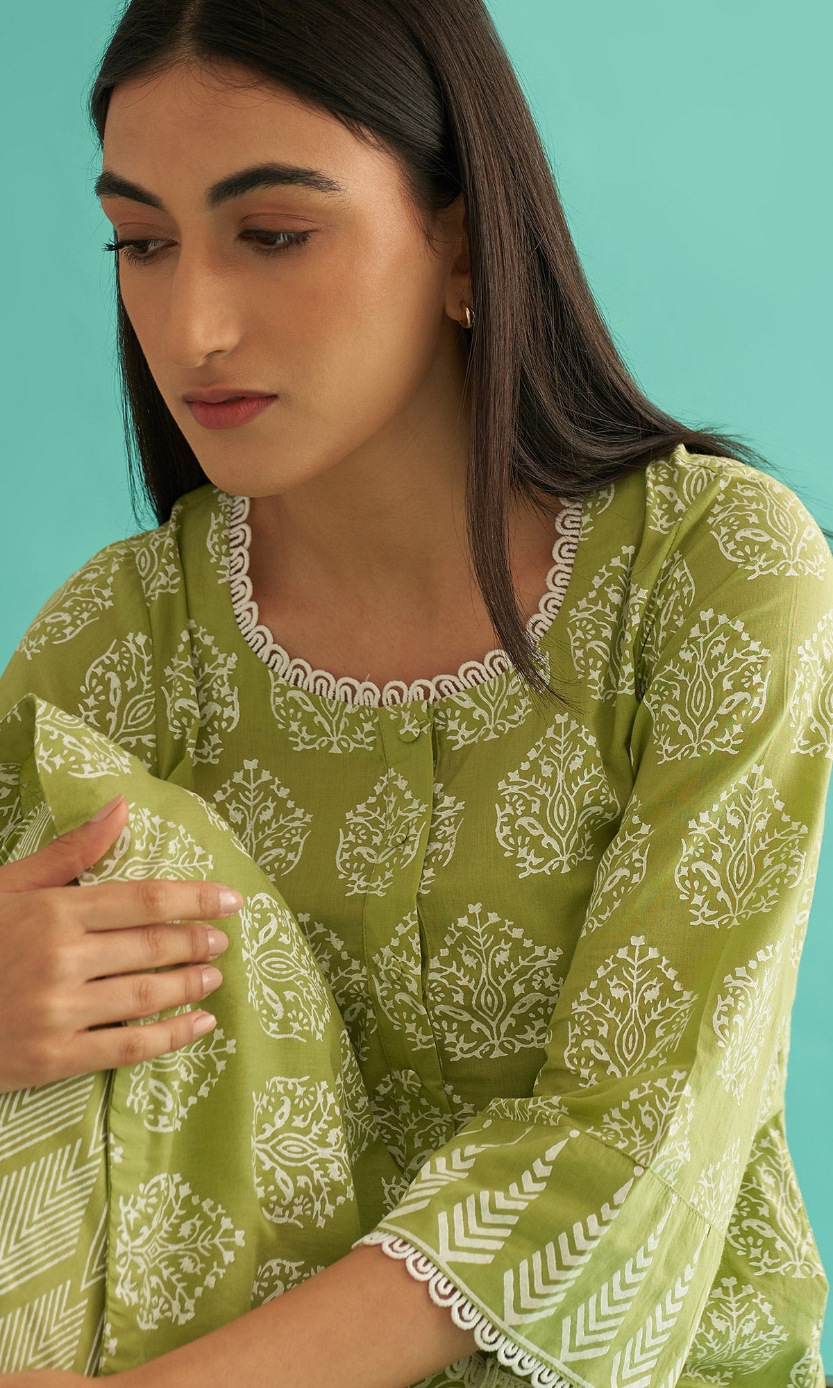 Daisy Vol 3 - Pista Green Hand Block Printed Straight Kurta Set of 2