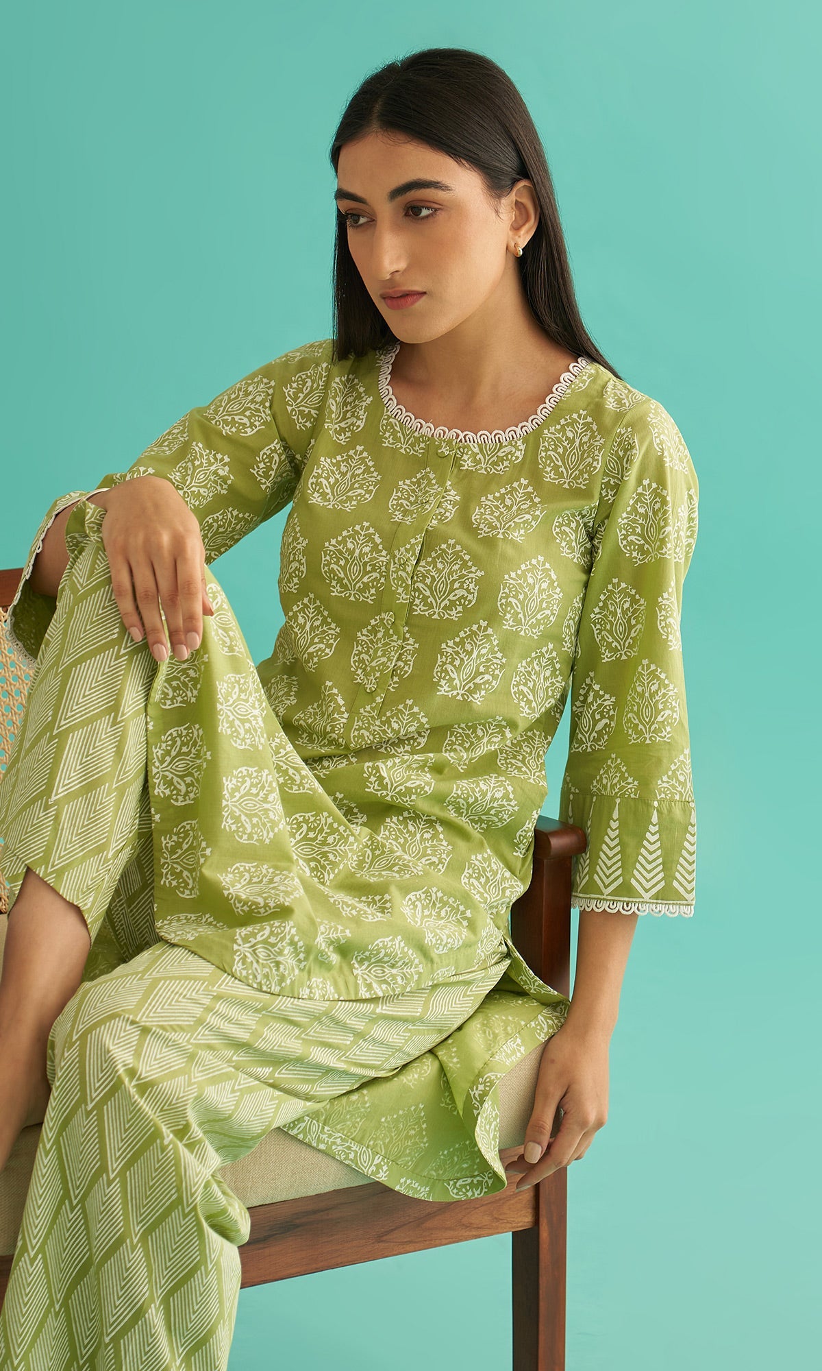 Daisy Vol 3 - Pista Green Hand Block Printed Straight Kurta Set of 2