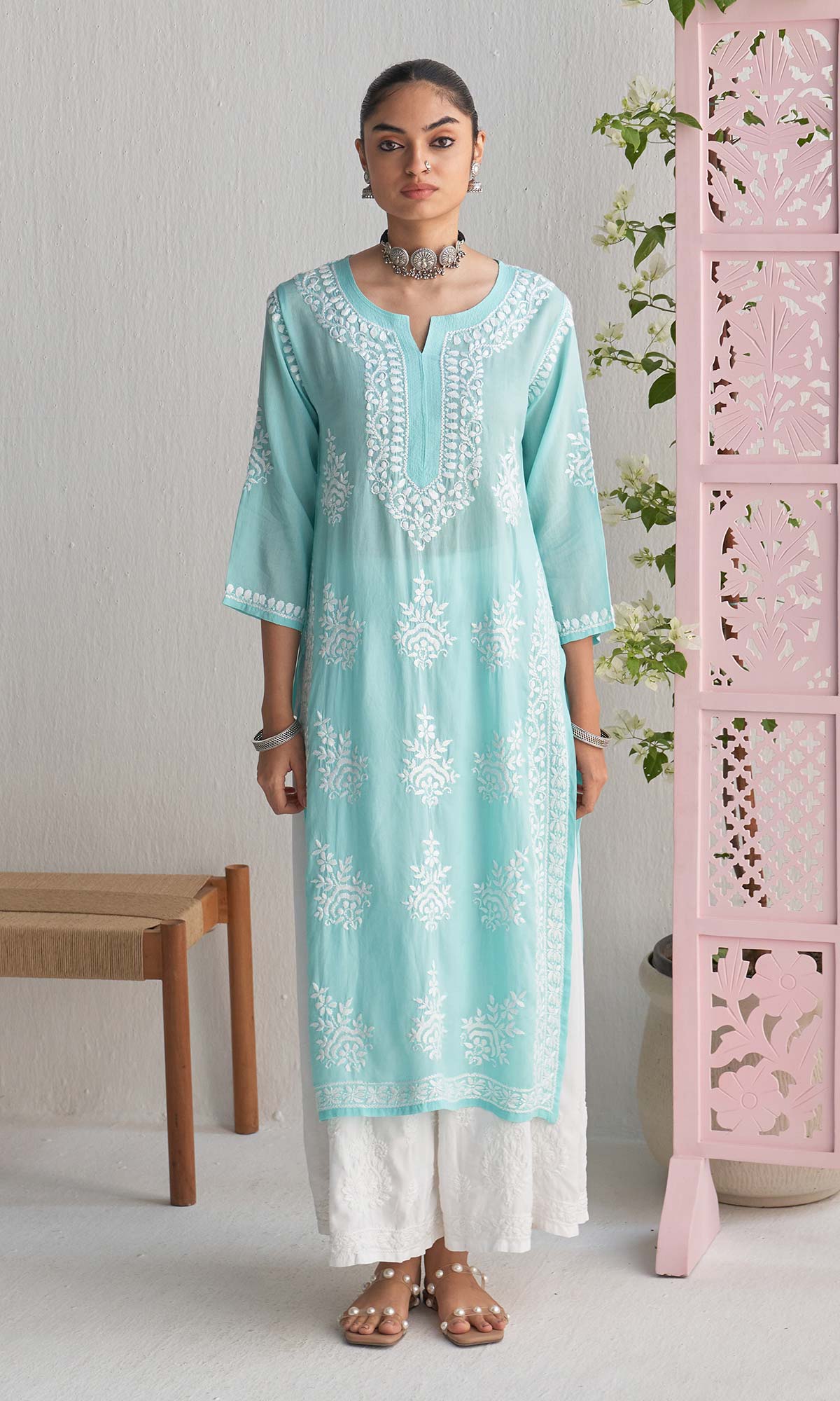 Handcrafted Chikankari Blue Straight Kurta