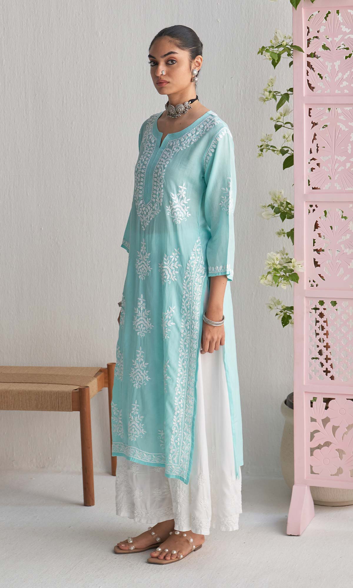 Handcrafted Chikankari Blue Straight Kurta