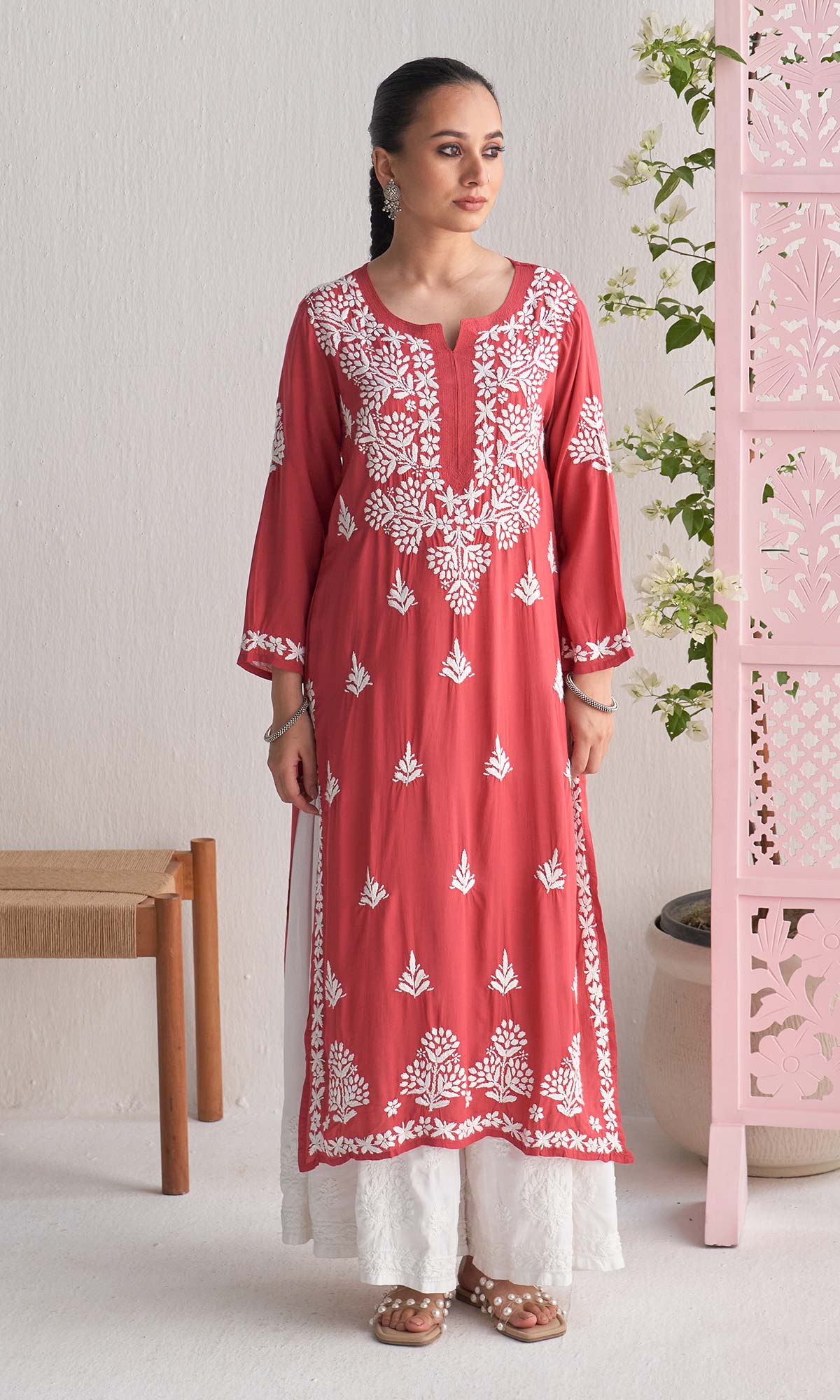 Handcrafted Chikankari Pink Straight Kurta