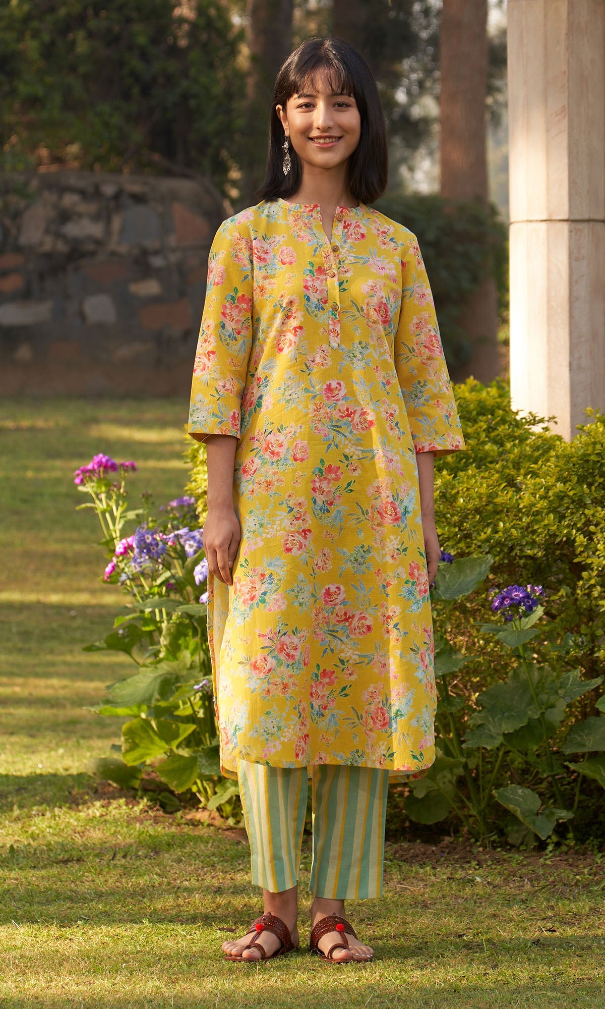 Iris Linen Yellow Floral Print Kurta With Stripe Pants ( Set Of 2)