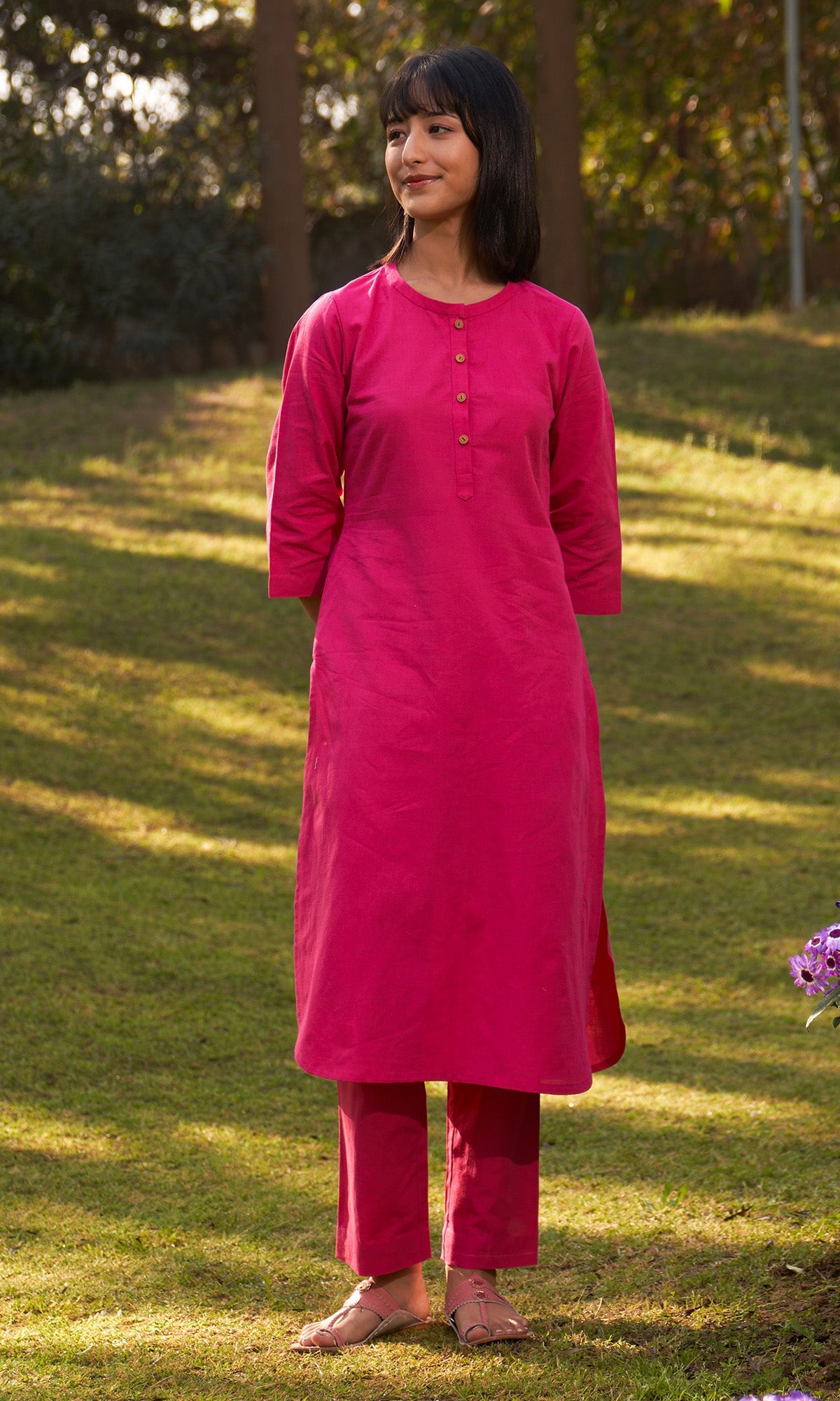 Iris Linen Fuschia Pink Solid Kurta With Pants( Set Of 2)