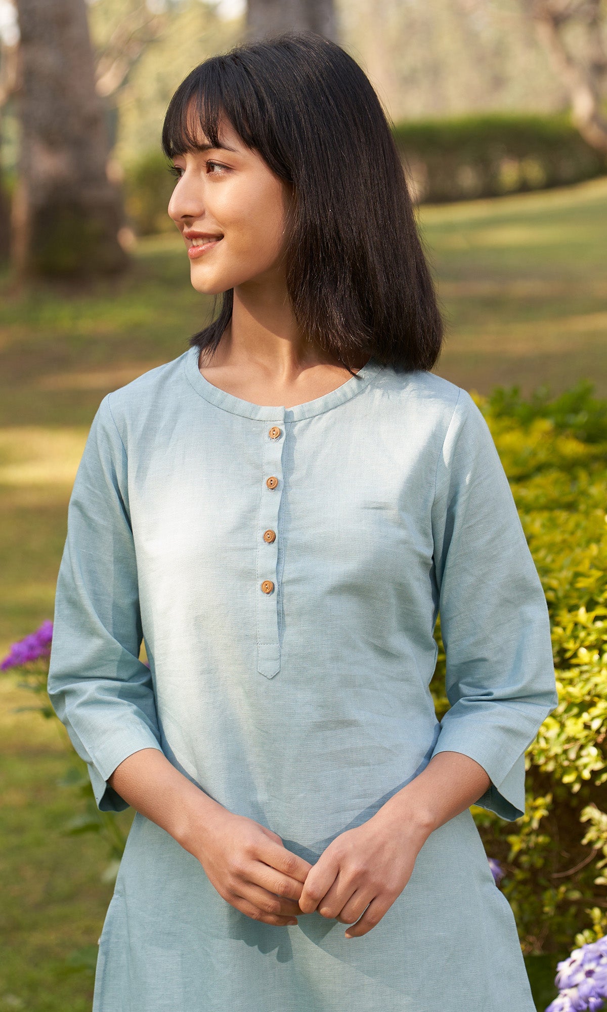 Iris Linen Turquoise Solid Kurta With Pants( Set Of 2)