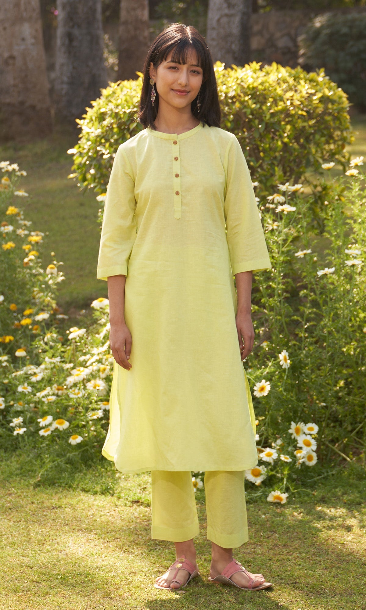 Iris Linen Neon Green Solid Kurta With Pants( Set Of 2)