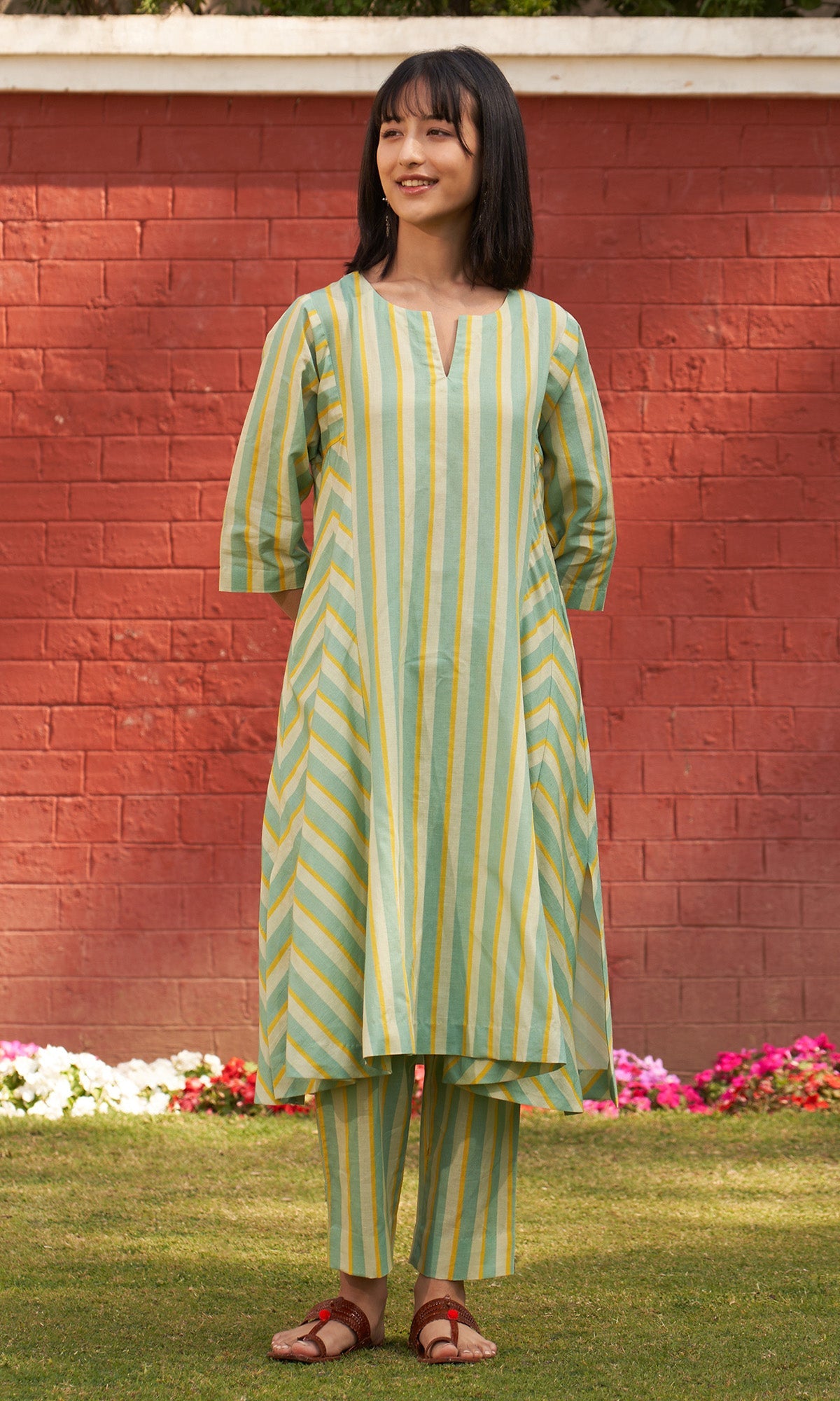 Iris Linen Yellow Stripe Choga With Pants  ( Set Of 2)